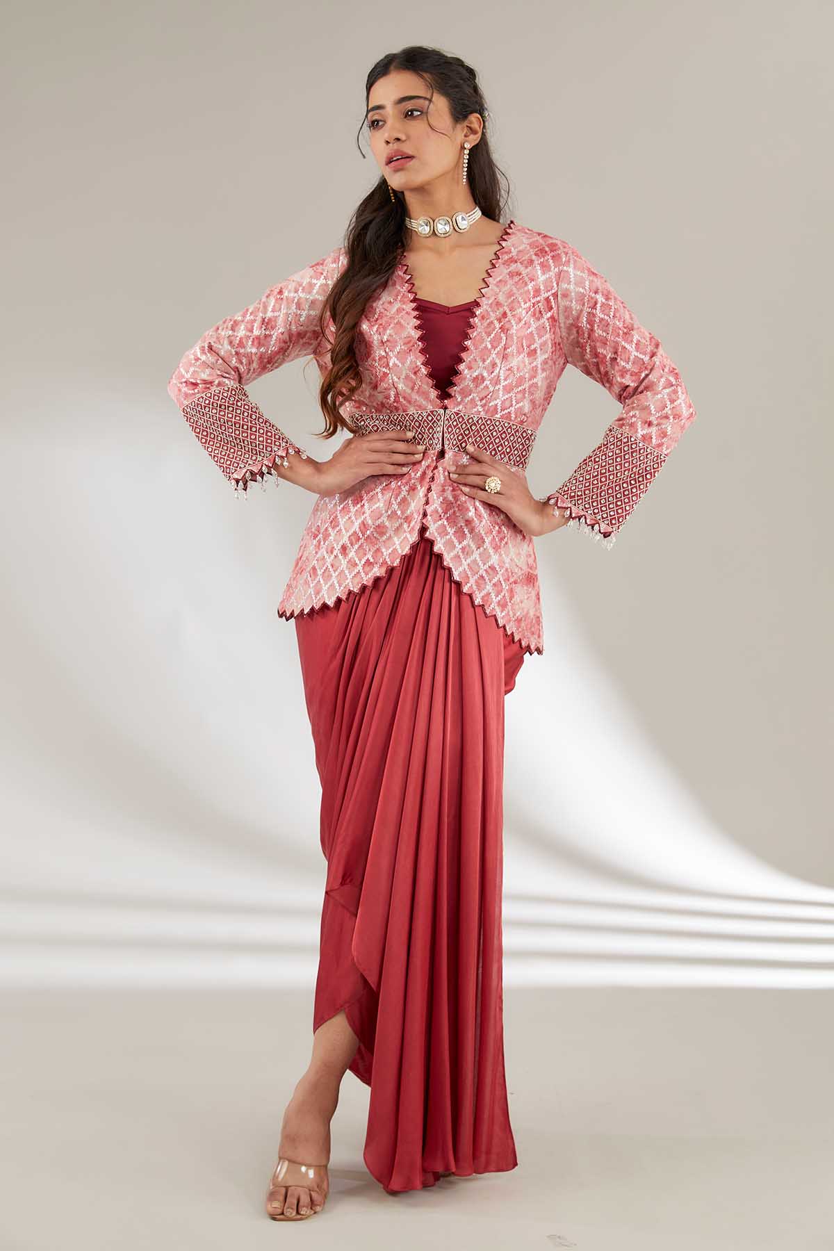 Buy Pink Embroidered Jacket & Skirt by Ajiesh Oberoi for women online at ScrollnShops