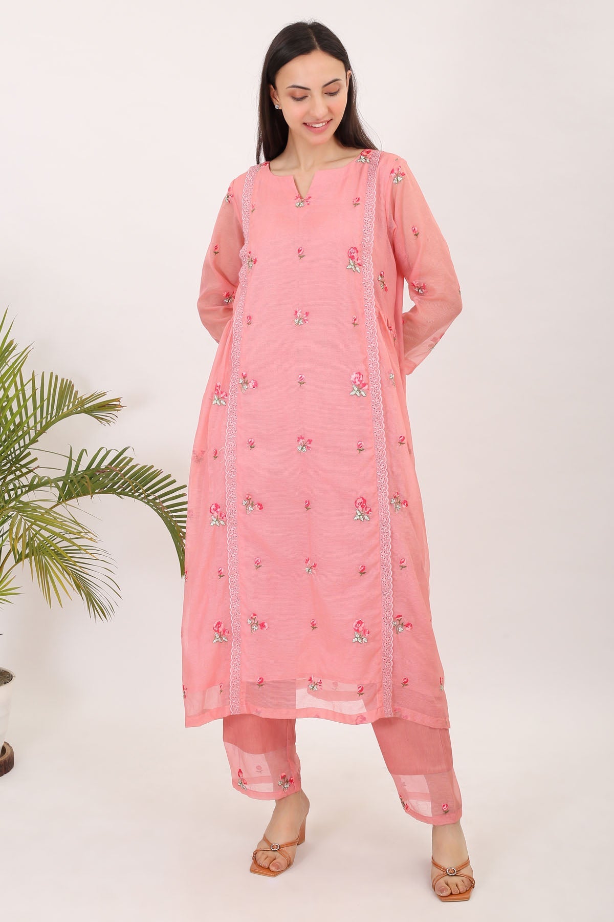 Simply Kitsch Pink Embroidered Kurta & Pants For Women Online At ScrollnShops