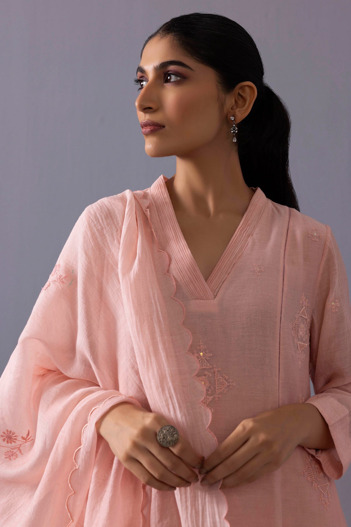 Pink V Neck Piping Kurta Set