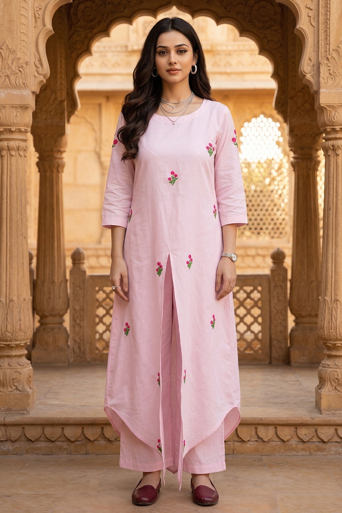 Buy Baby Pink Thread Work Kurta Set for women by Sneha B online available at scrollnshops