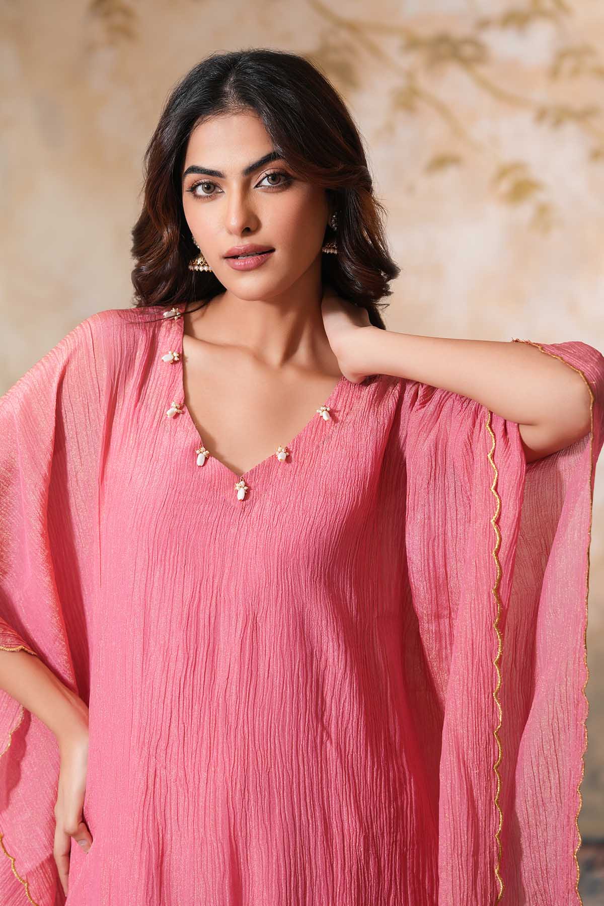 Pink Embroidered Long Kaftan
