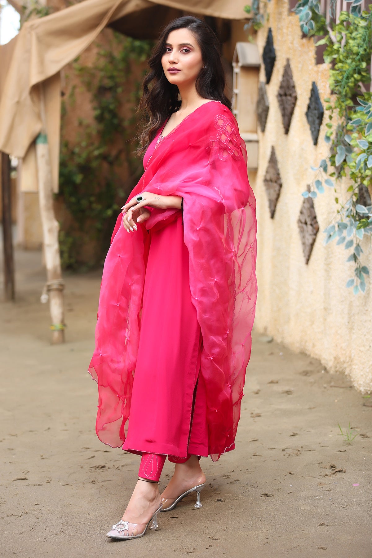 Pink Celtic Embroidered Long Kurta Set