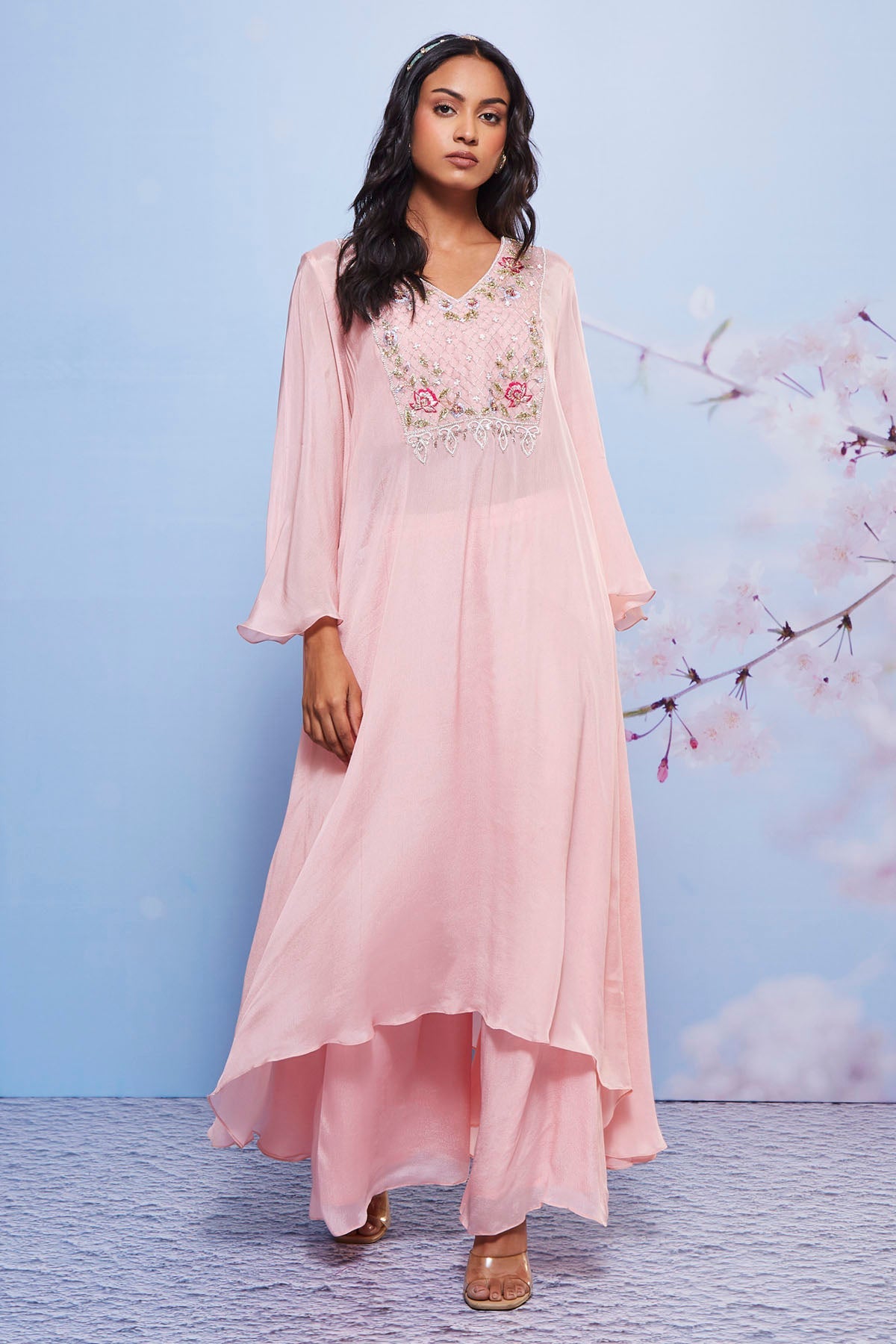 Ajiesh OberoiPink Embroidered Long Kurta Set for women online at ScrollnShops