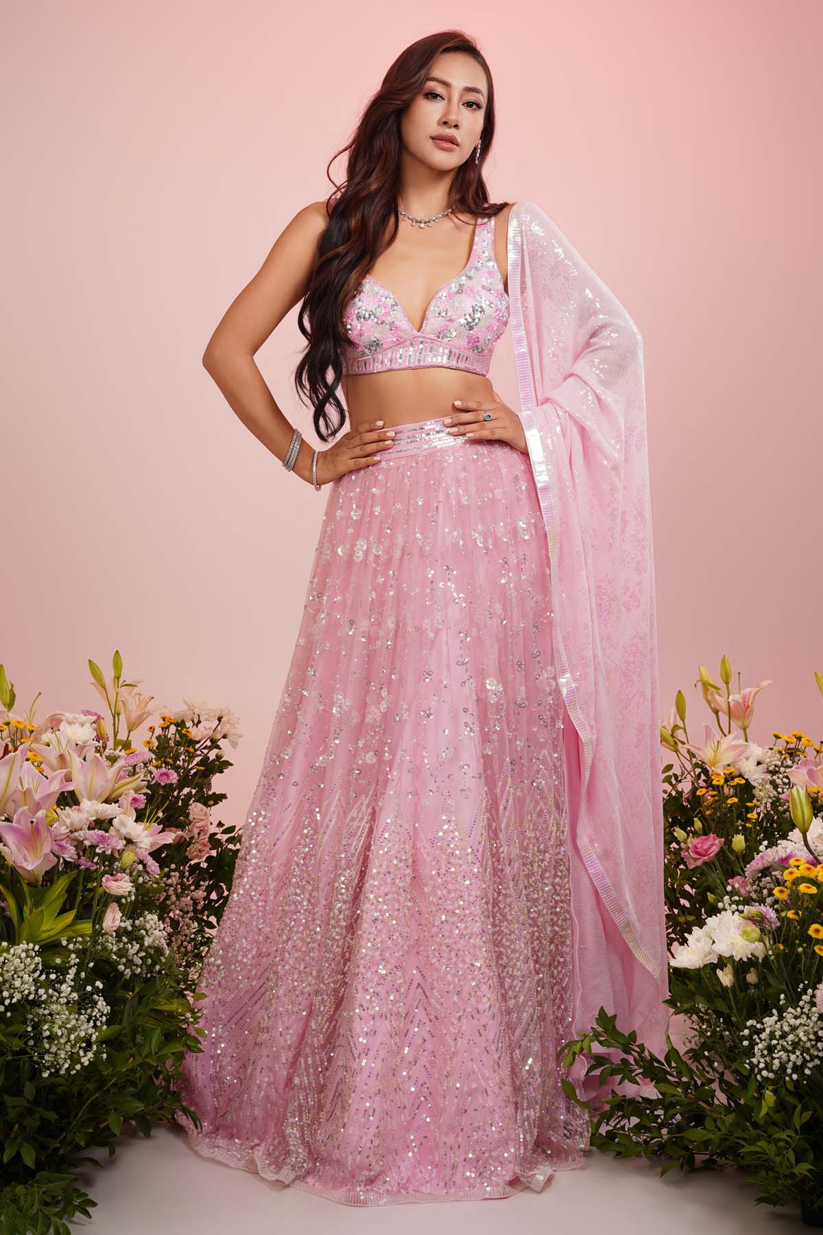 Priyanka Kar Pink Embroidered Net Lehenga Set for women online at ScrollnShops