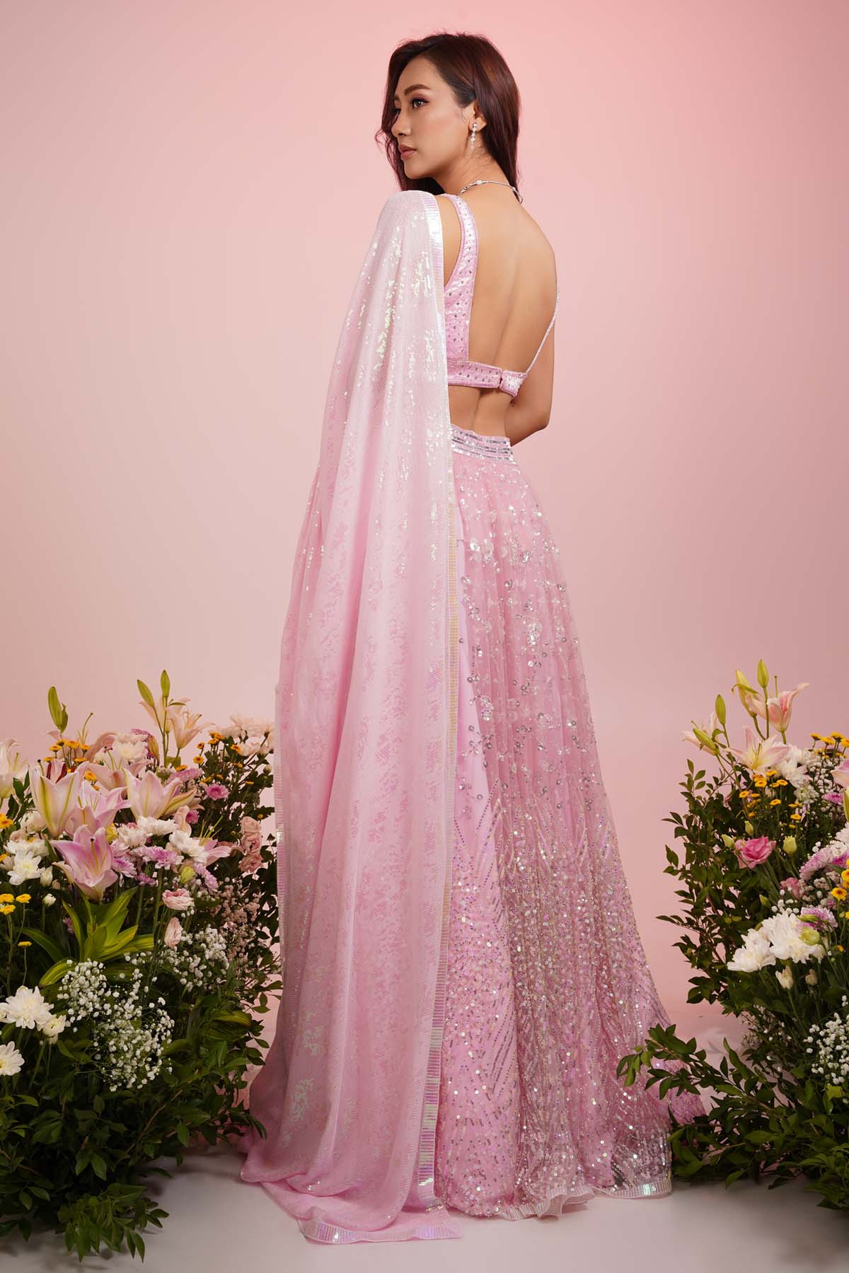 Pink Embroidered Net Lehenga Set