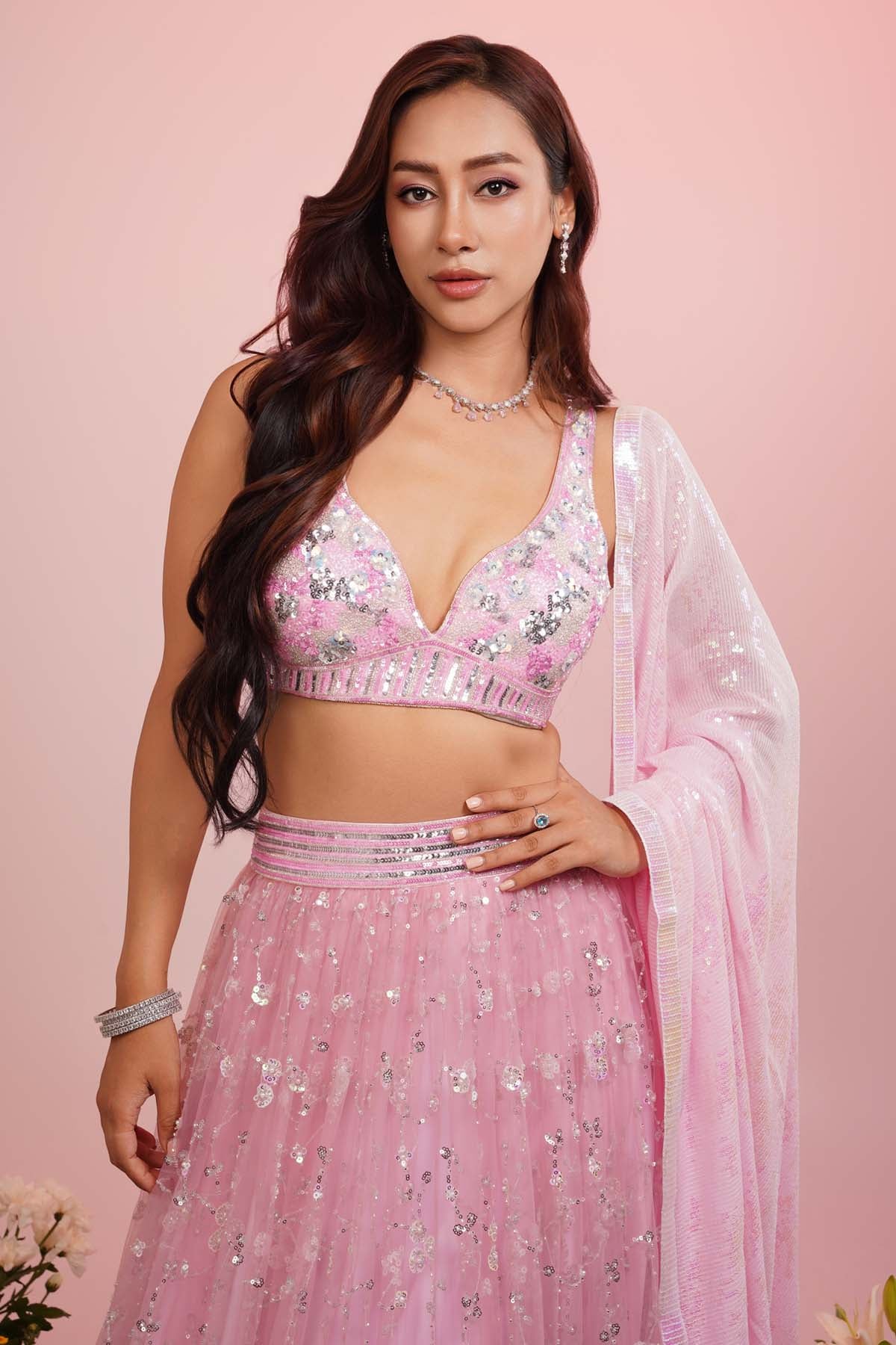 Pink Embroidered Net Lehenga Set
