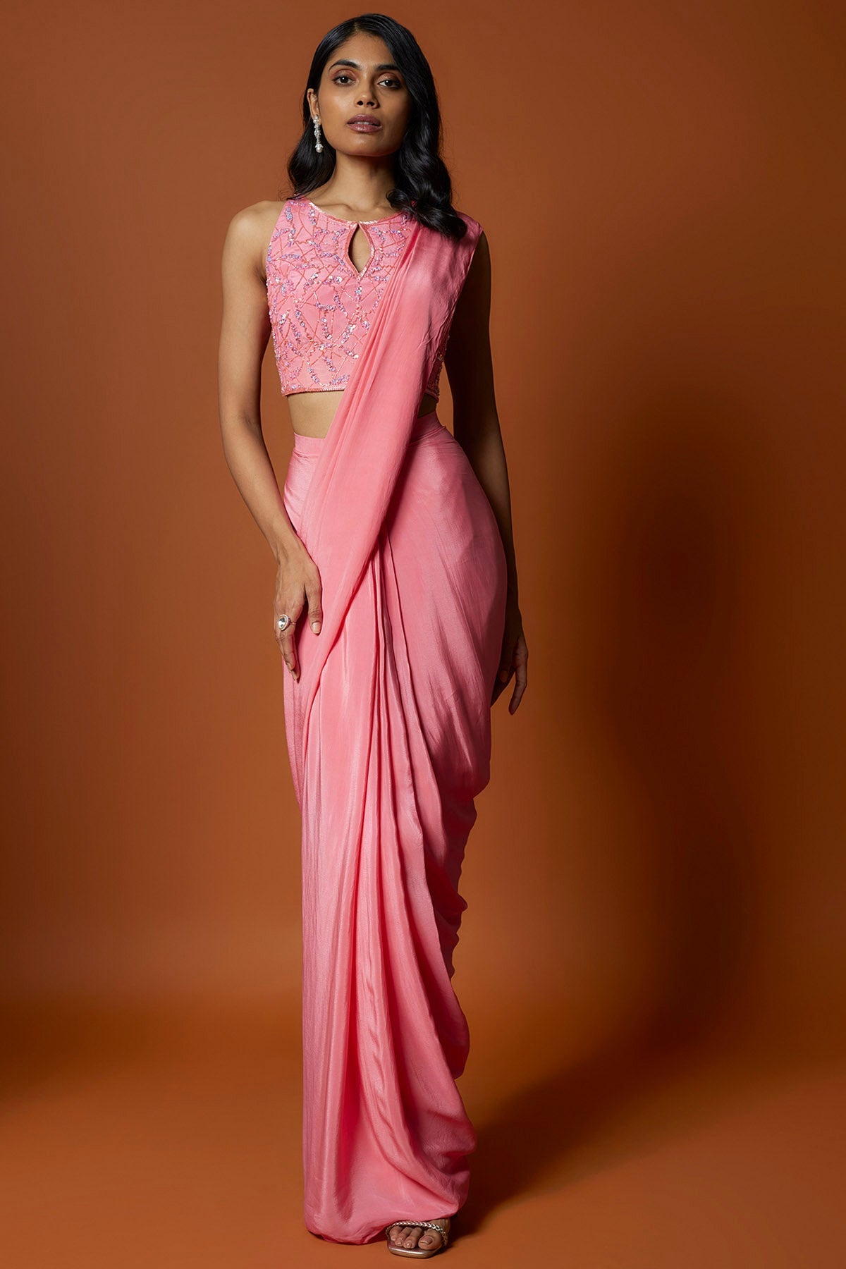 Mehak Murpana Pink Embroidered Pre-Drape Saree for Women Online at ScrollnShops