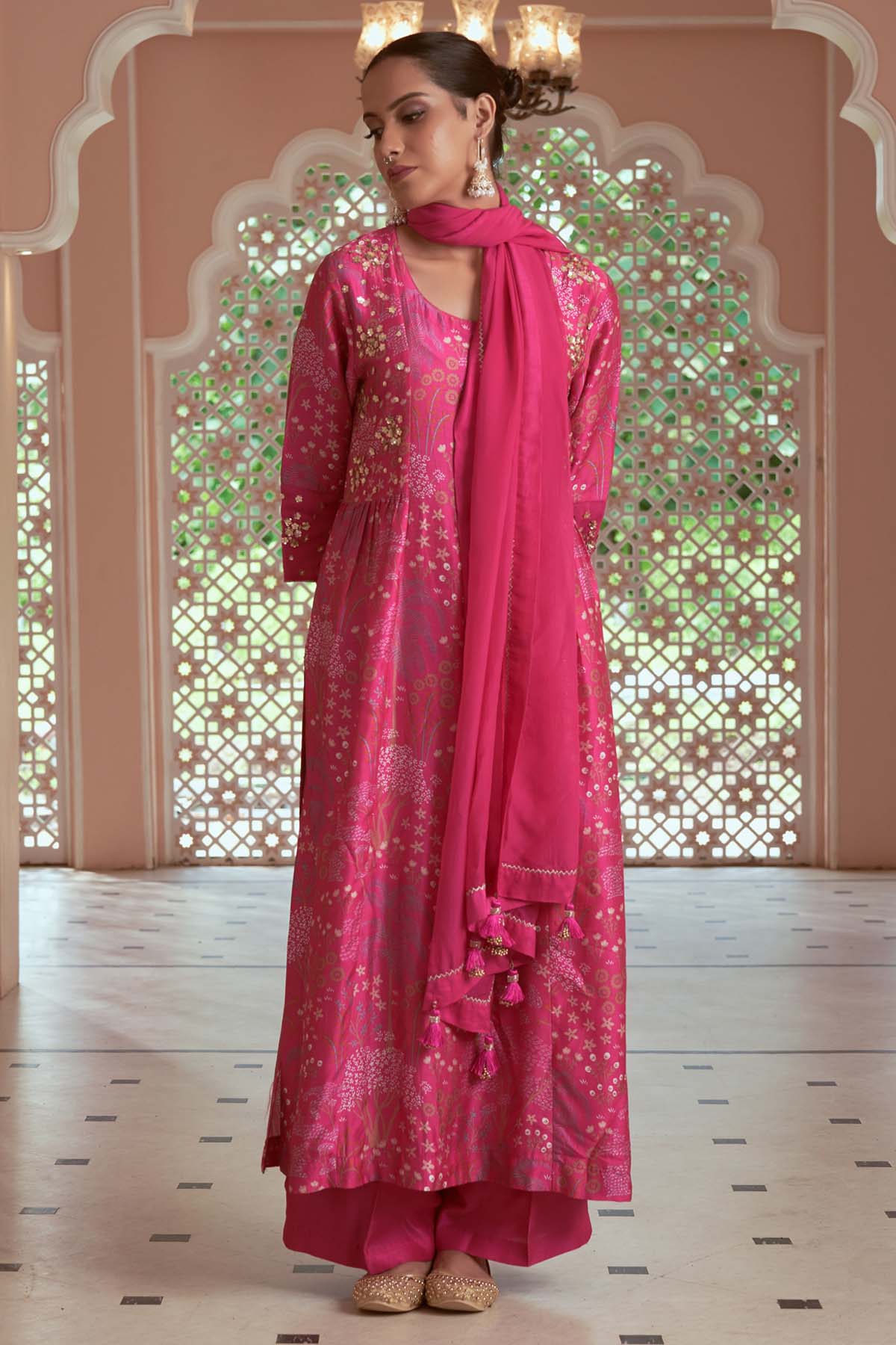 Megha Pitti Pink Embroidered Print Kurta Set for women online at ScrollnShops