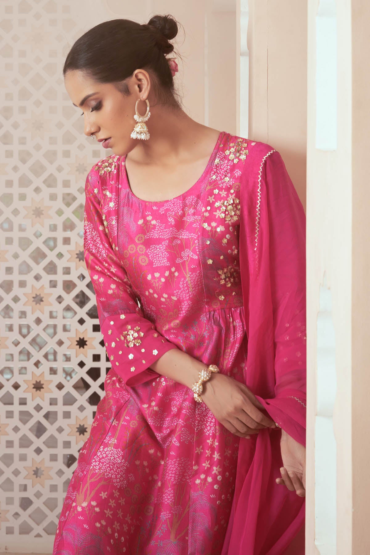 Pink Embroidered Print Kurta Set