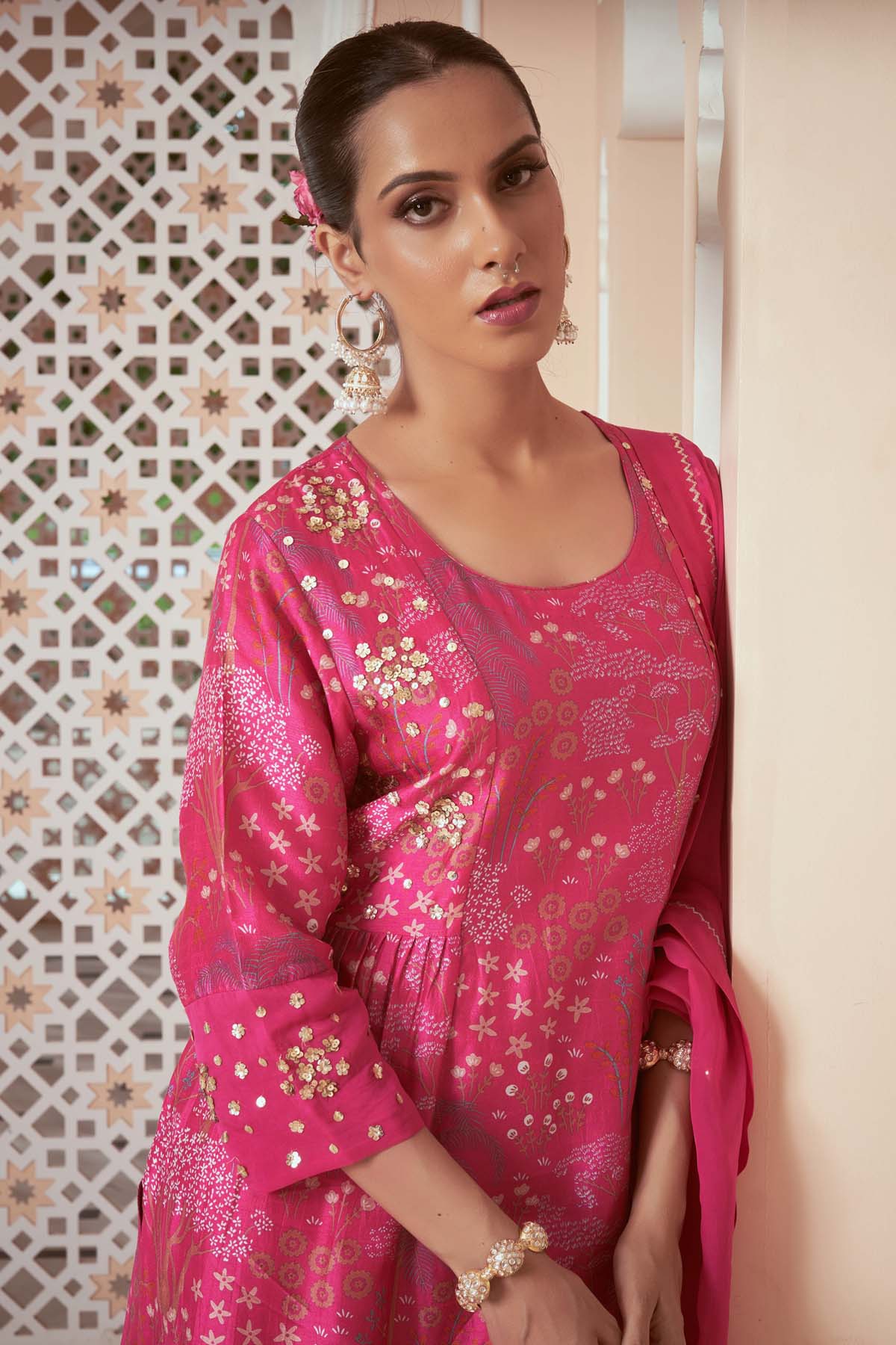 Pink Embroidered Print Kurta Set