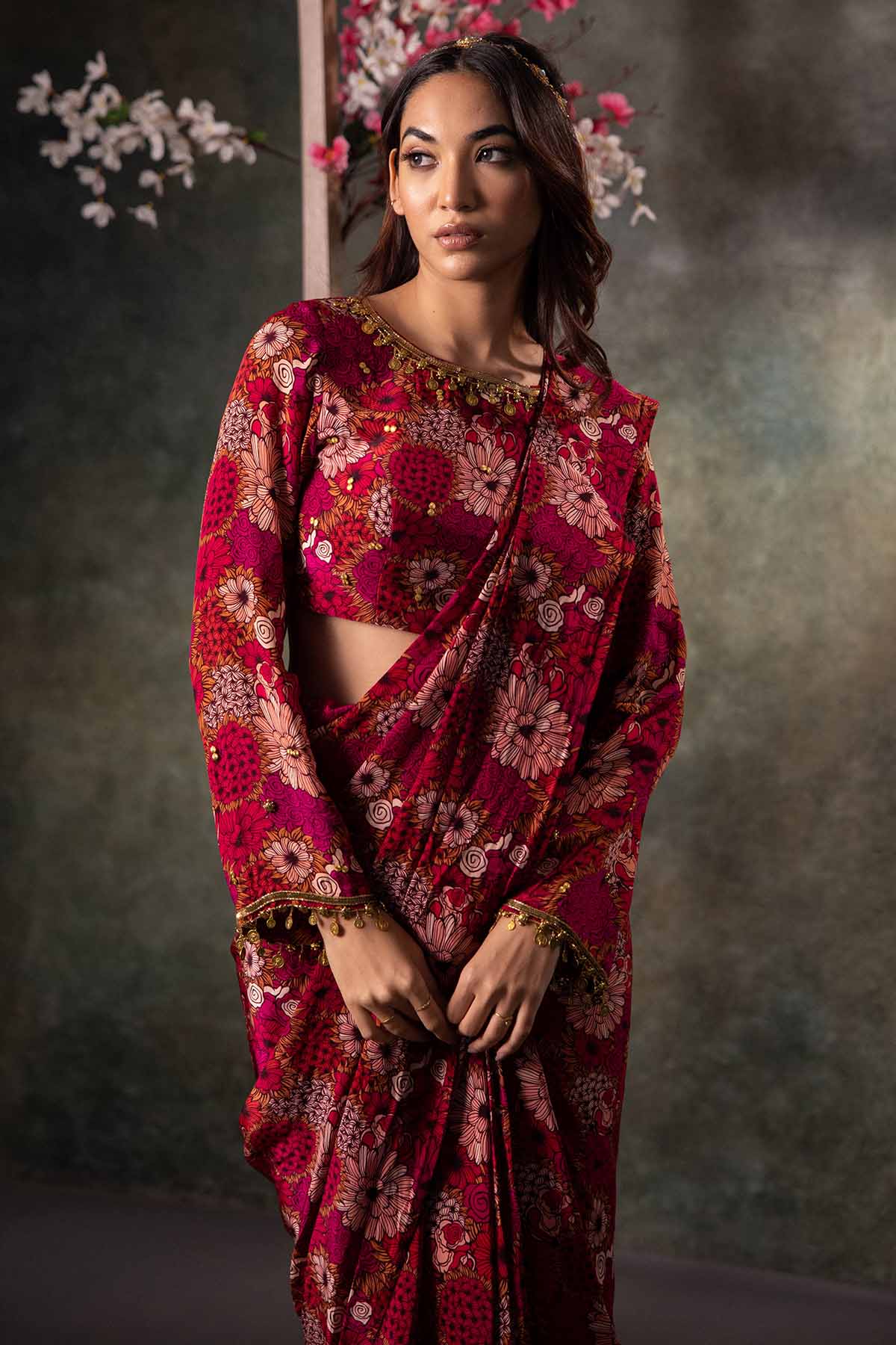 Pink Embroidered Printed Saree