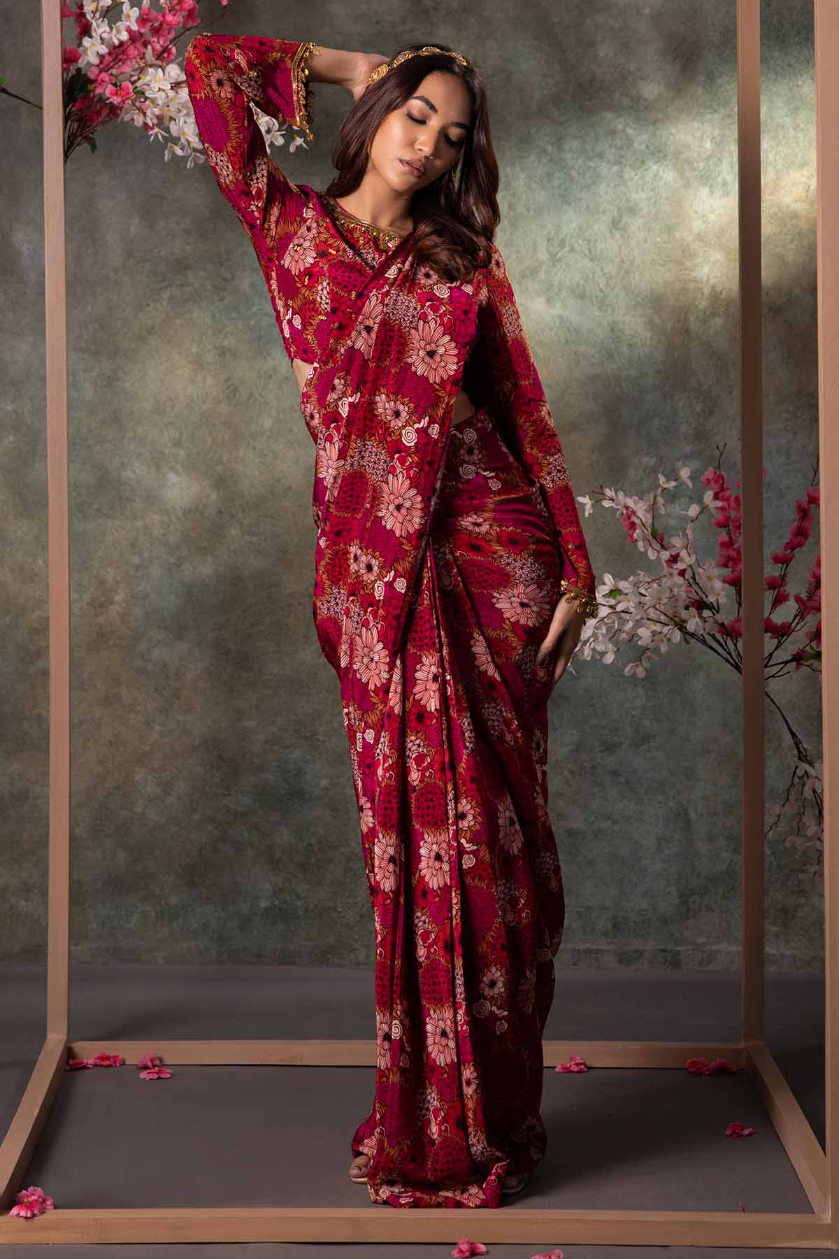 Buy Pink Embroidered Printed Saree by Mehak Murpana for women online at ScrollnShops