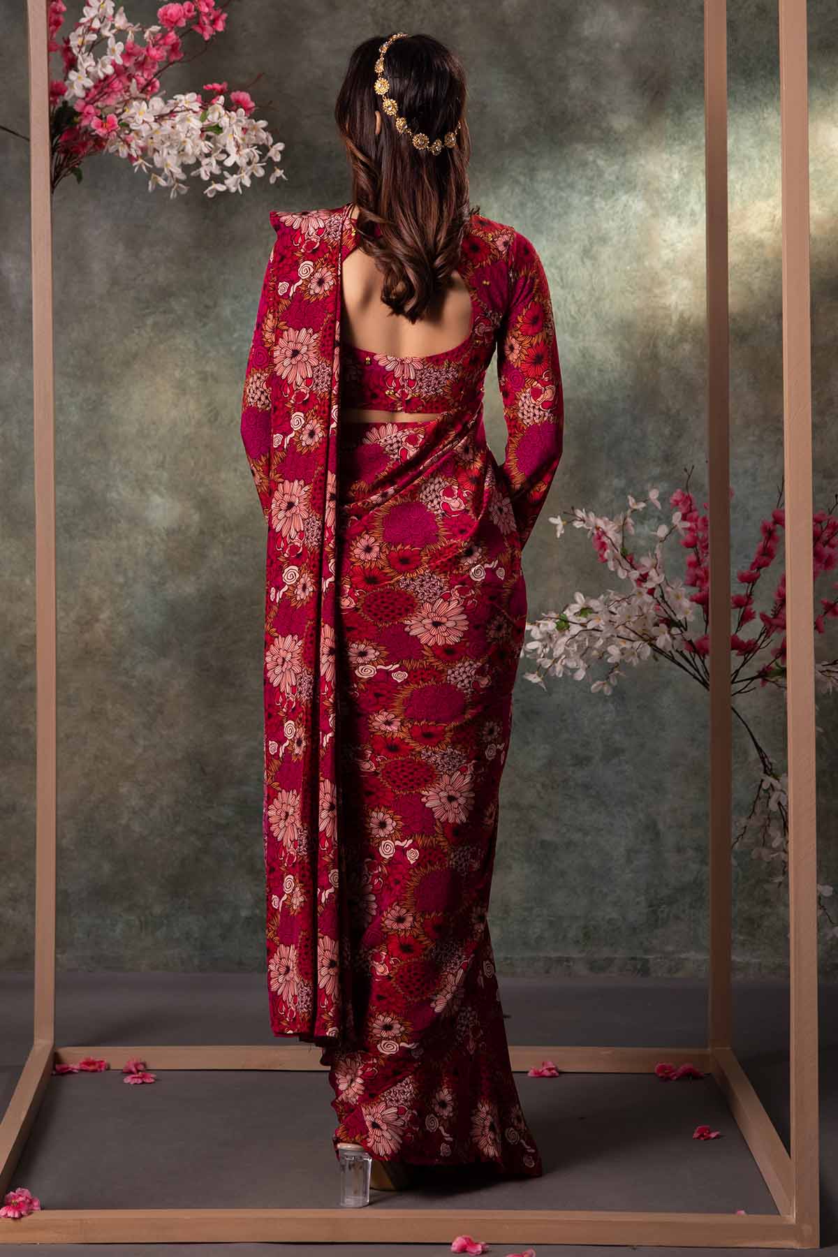 Pink Embroidered Printed Saree