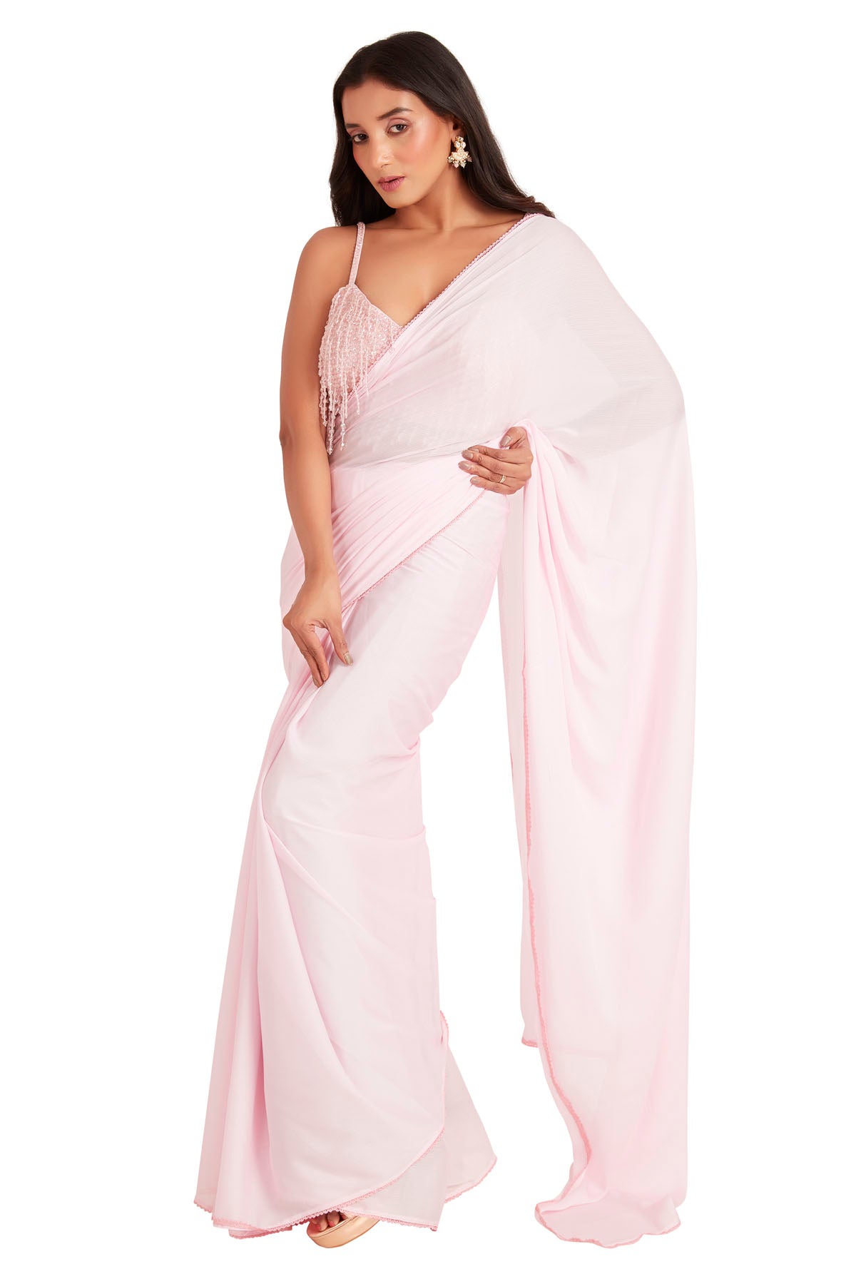 Embroidered Pink Saree & Blouse