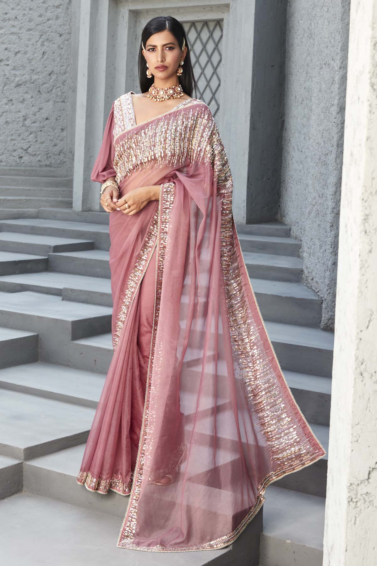 Designer Ranian Rose pink organza printed saree and blouse with cutdana, pipe, stone and sequins embroidery, reglan puff sleeves, butter crepe lining, back hook and v-neck For women Online at ScrollnShops