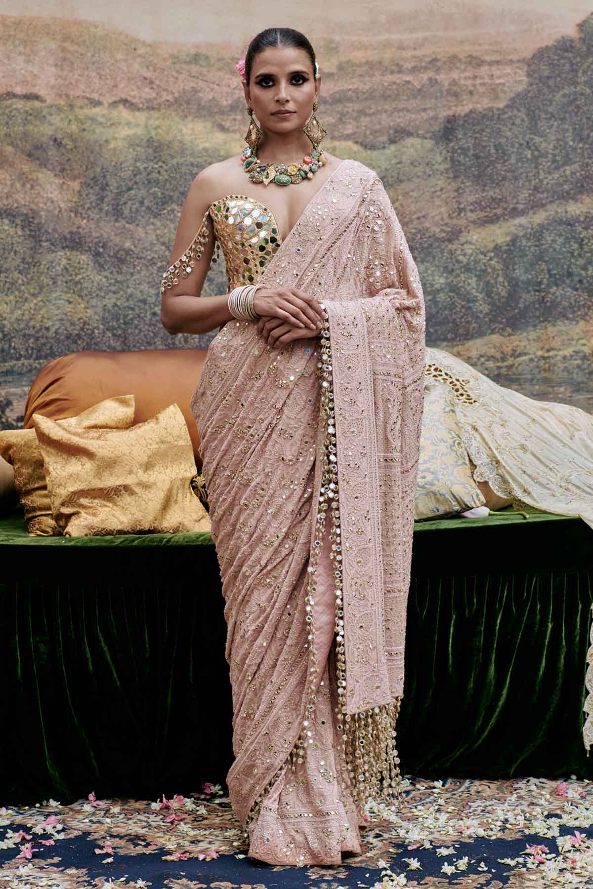 Buy ITRH, Designer Embroidered Peach Saree & Blouse Online