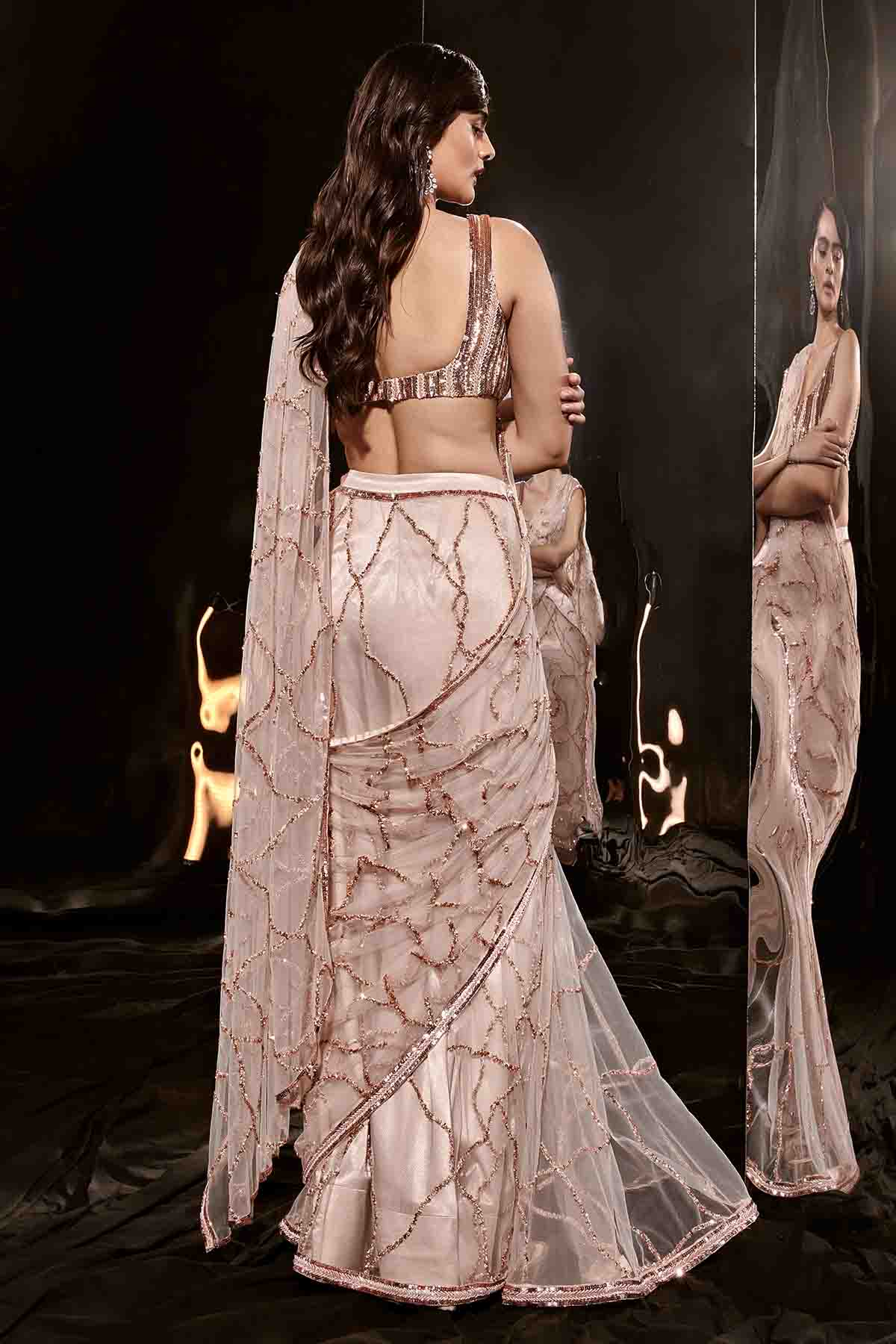 Pre-Drape Net Nude Saree & Blouse