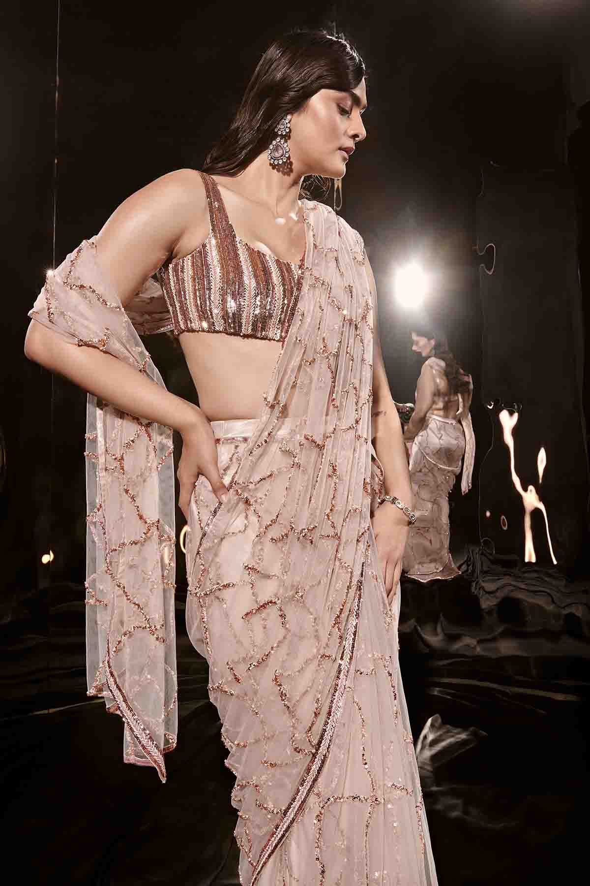 Pre-Drape Net Nude Saree & Blouse