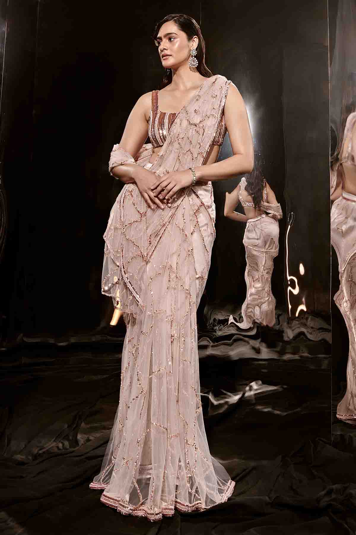 Buy Pre-Drape Net Nude Saree & Blouse by Masumi Mewawalla for women online at ScrollnShops