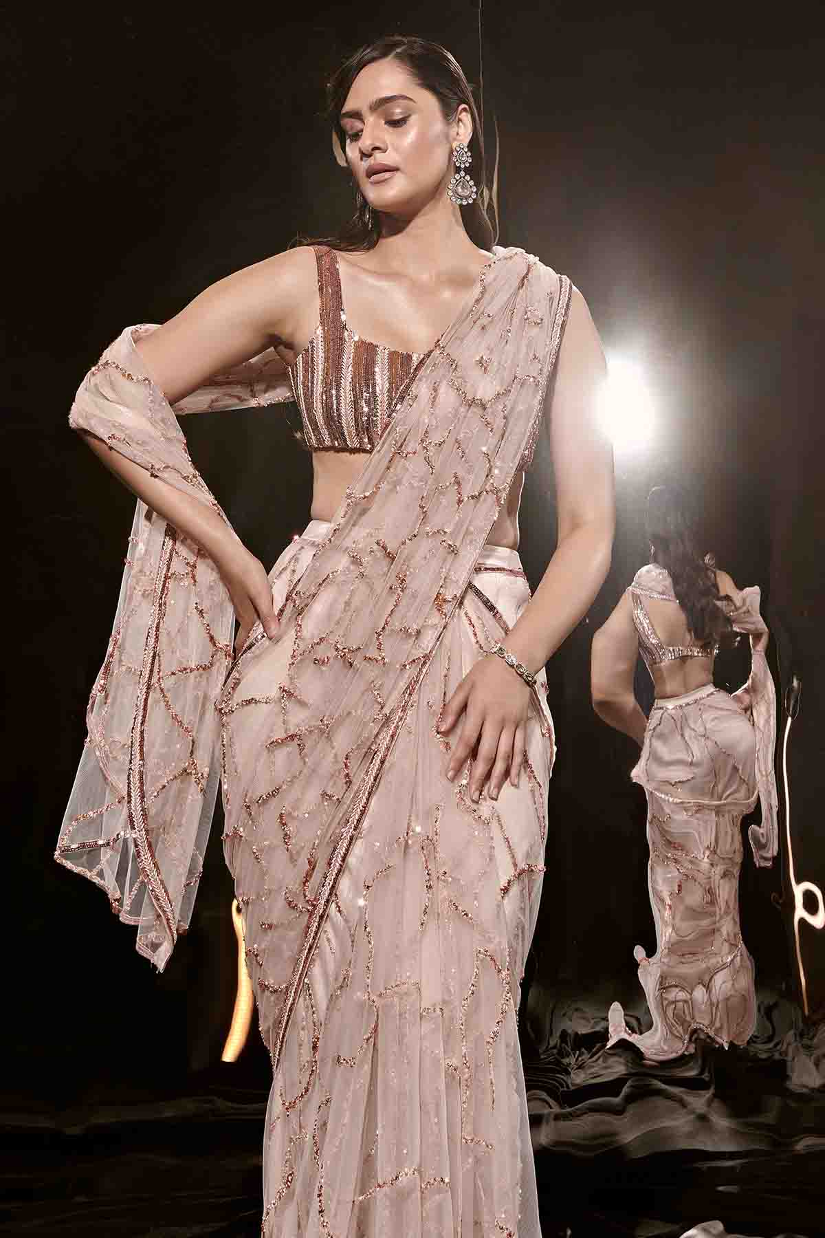 Pre-Drape Net Nude Saree & Blouse