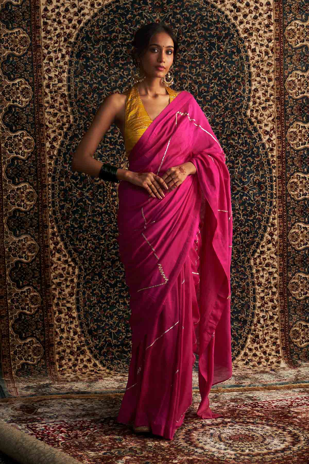 Buy Rani Pink Mirror Saree & Blouse by Charkhee for women online at ScrollnShops