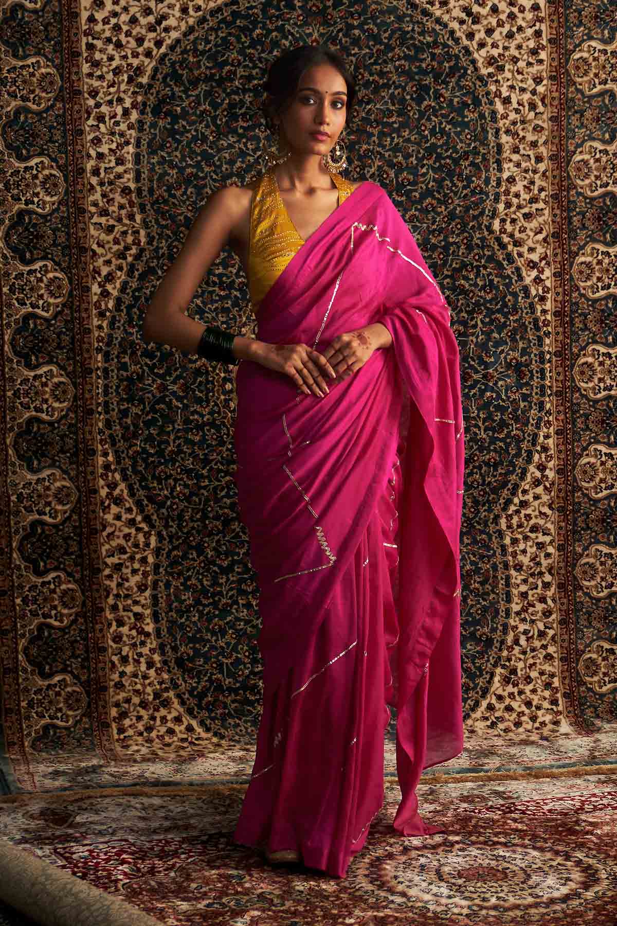 Buy Rani Pink Mirror Saree & Blouse Online