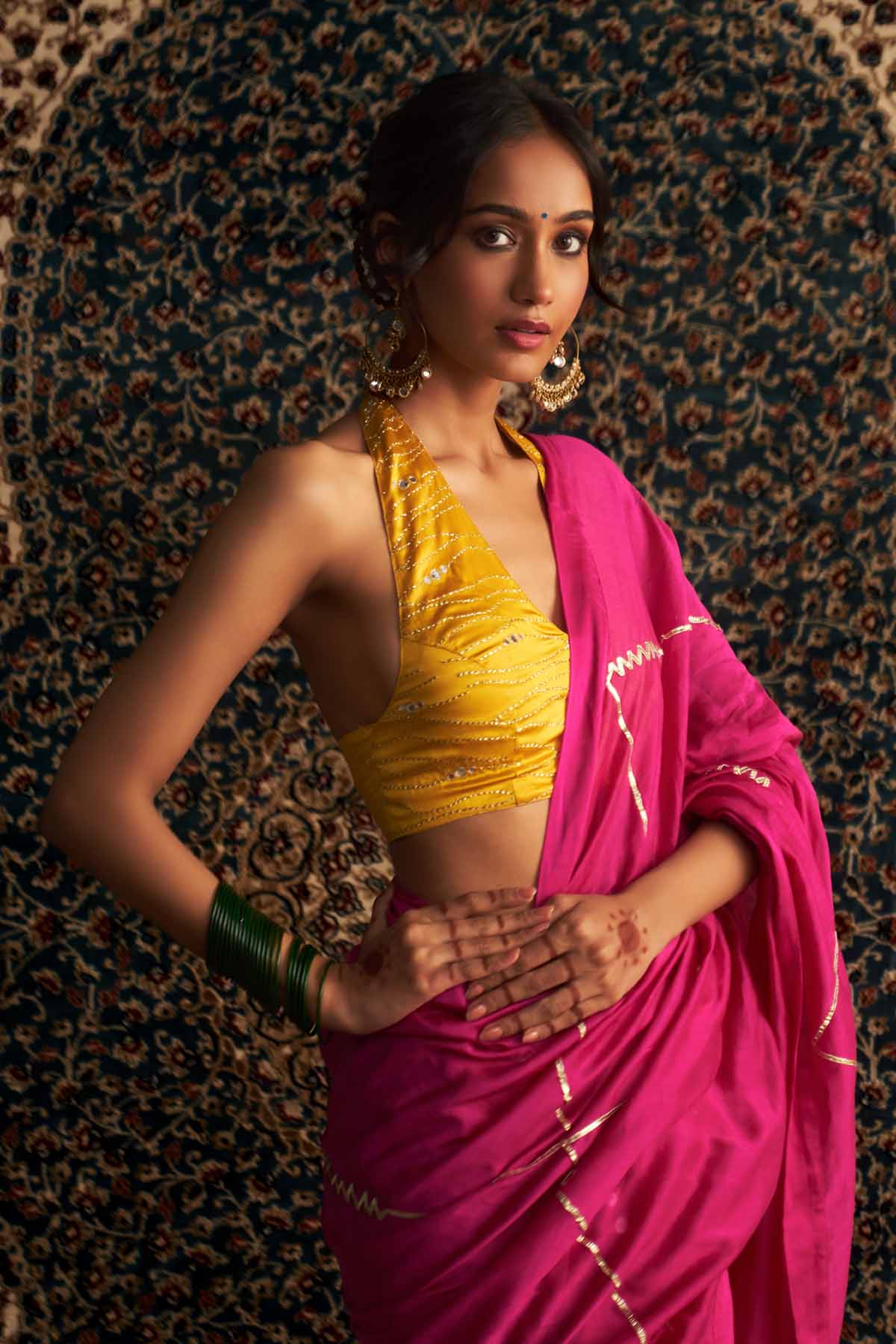 Rani Pink Mirror Saree & Blouse