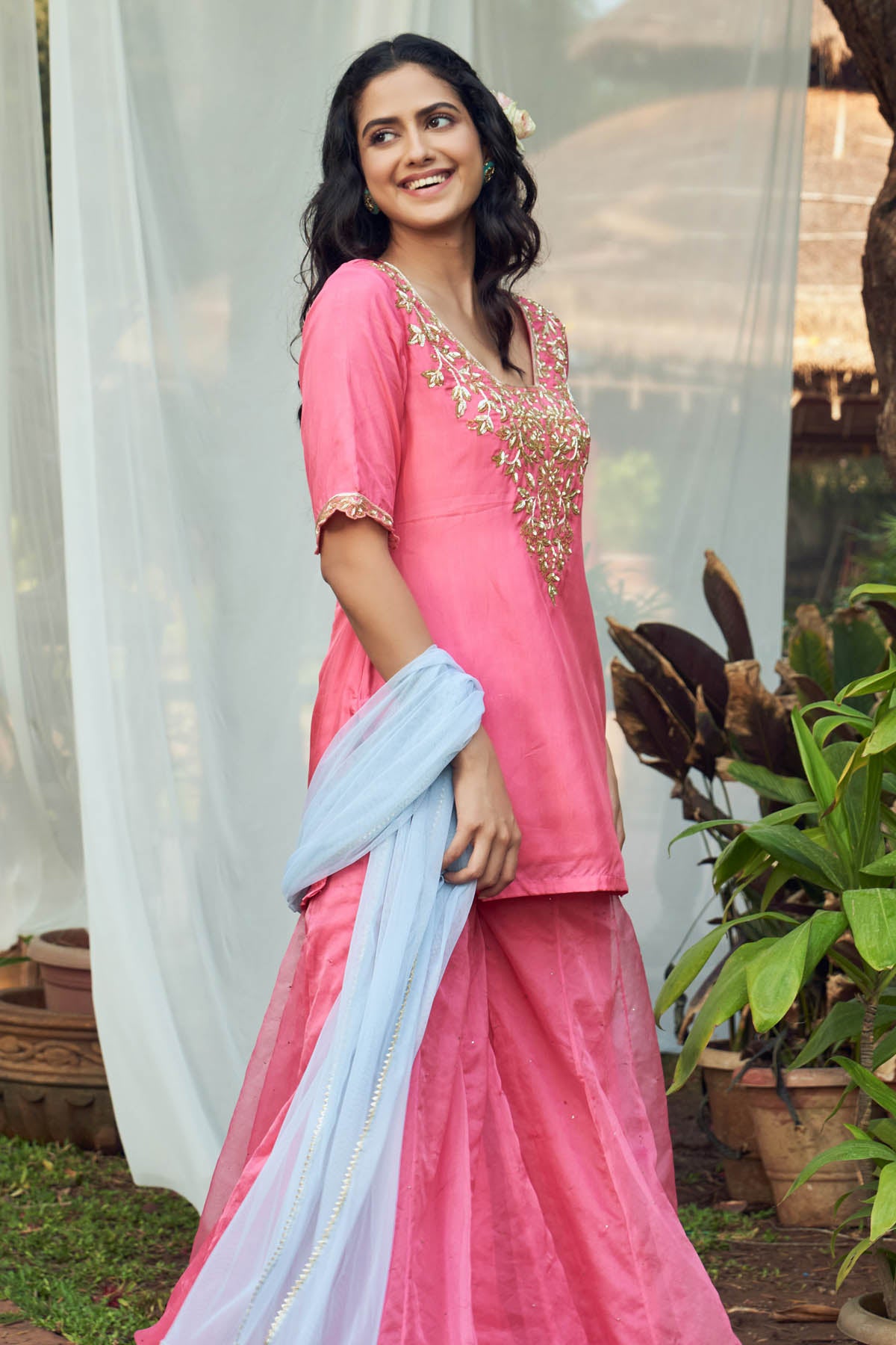 Pink Habutai Silk Sharara Set
