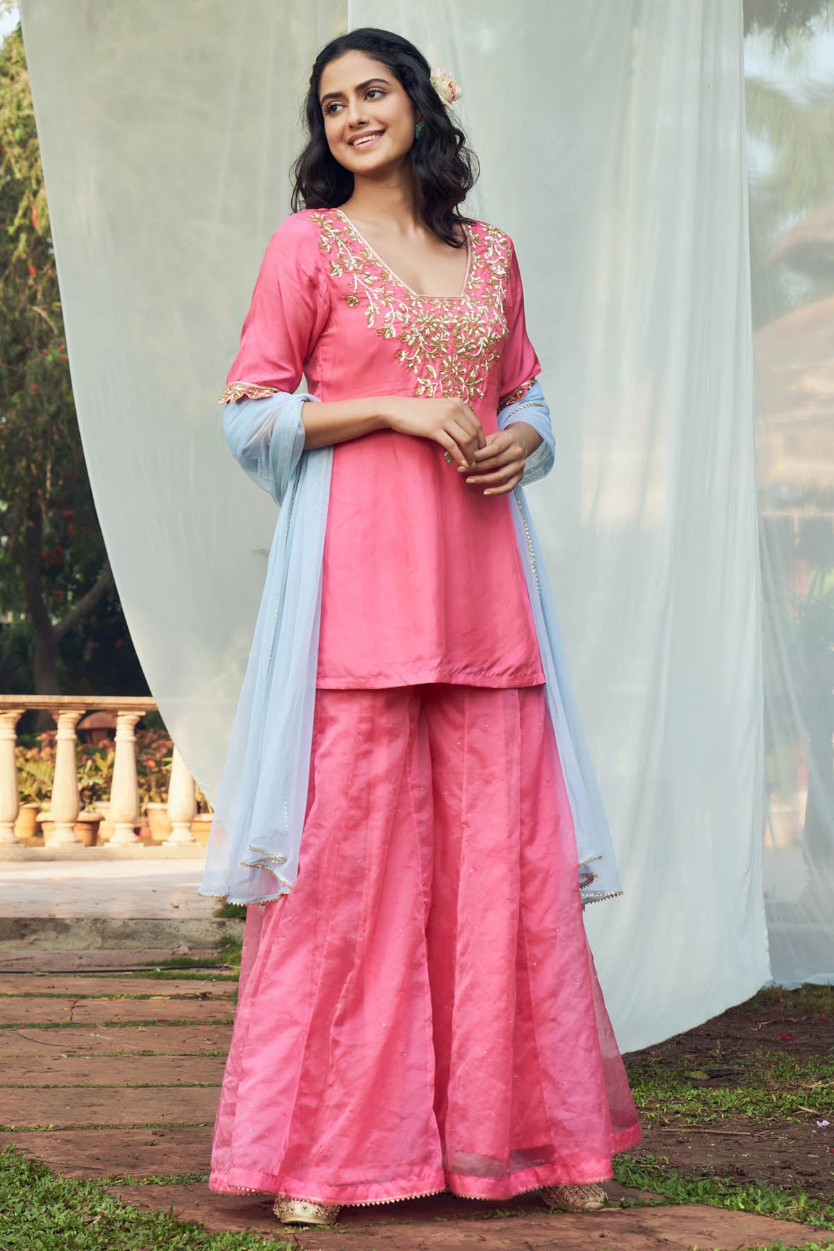 Pink Habutai Silk Sharara Set