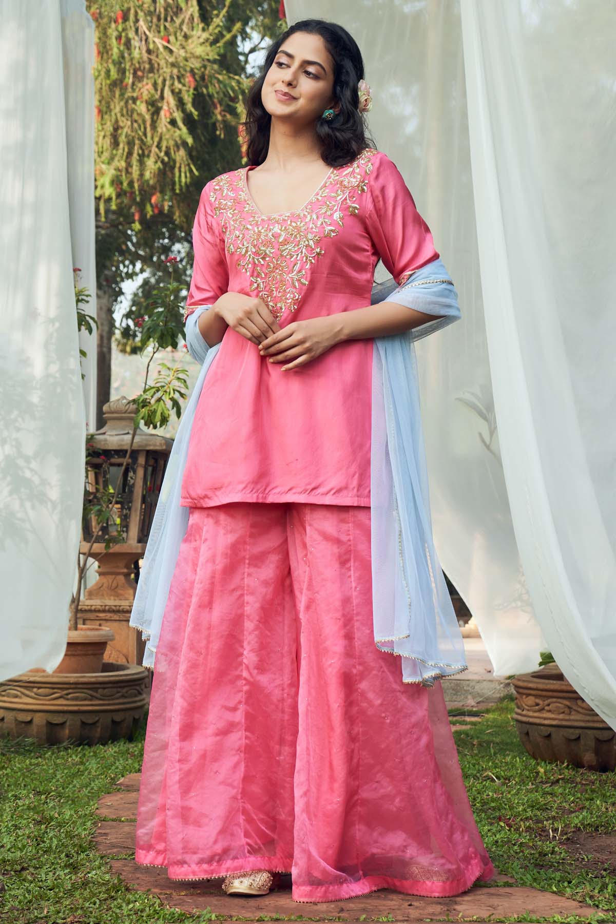 Megha Pitti Pink Embroidered Sharara Set for women online at ScrollnShops