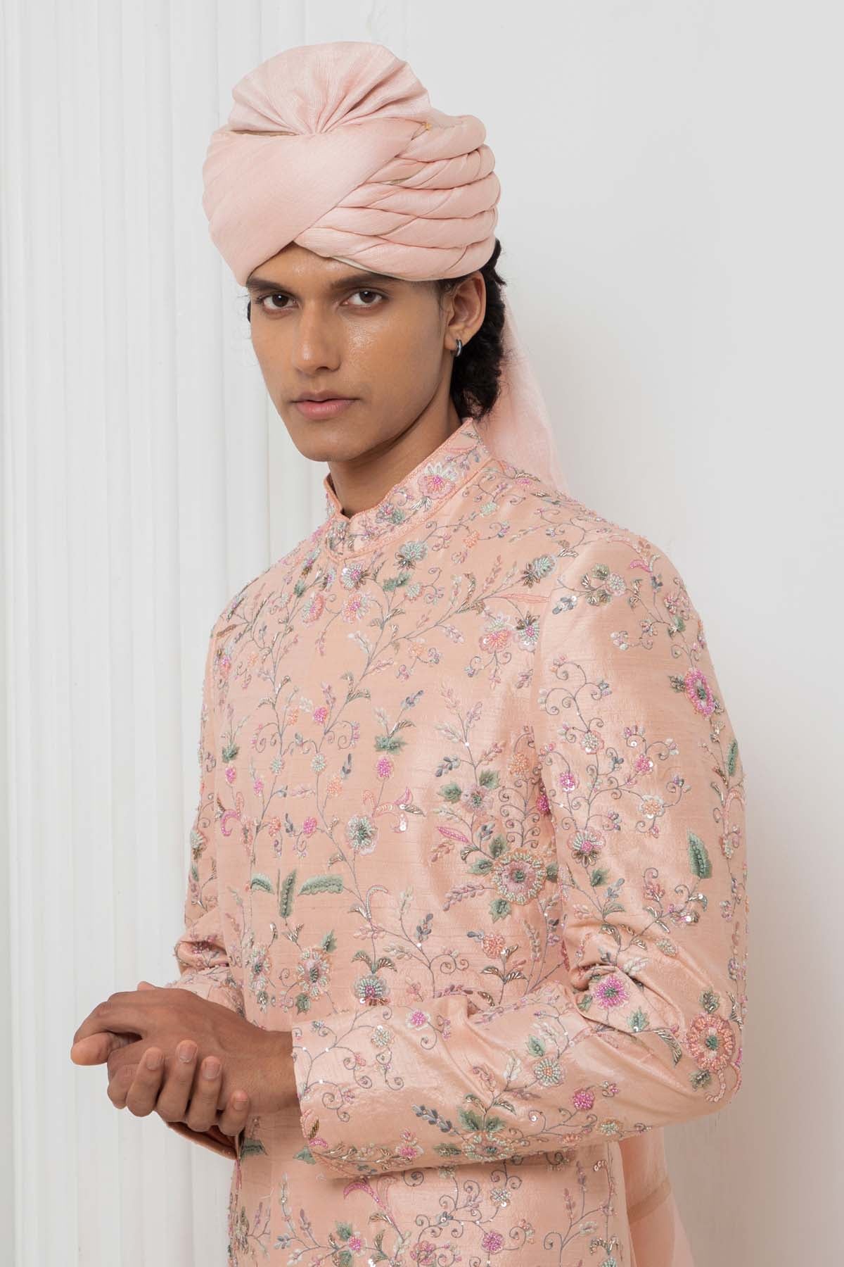 Pink Embroidered Sherwani Set