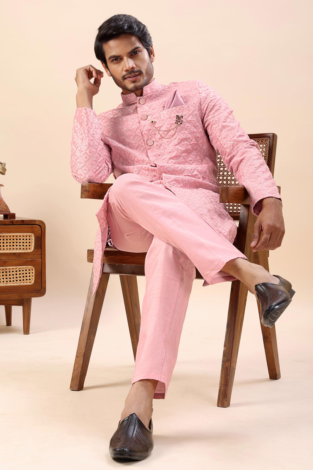 Pink Embroidery Sherwani & Pant