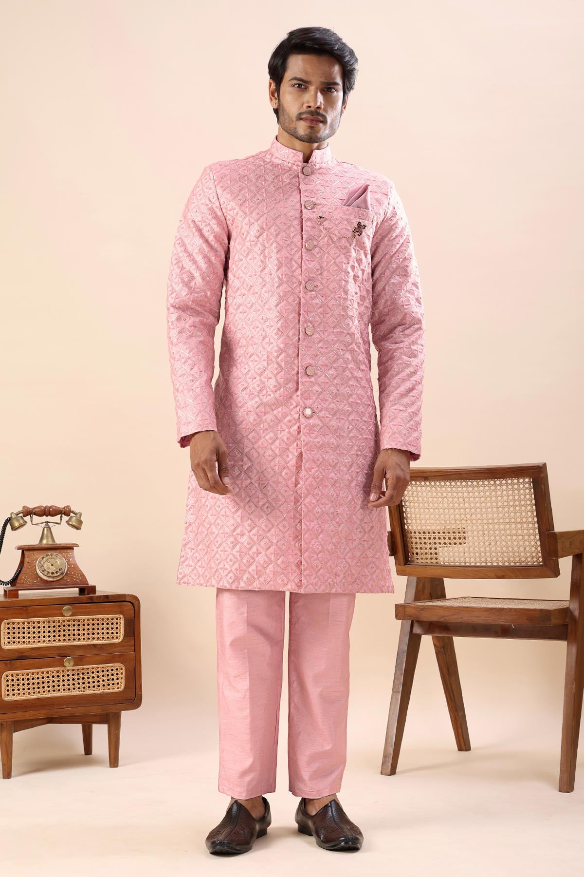 Buy Pink Embroidery Sherwani & Pant for men by Aastha Fashion online available at scrollnshops