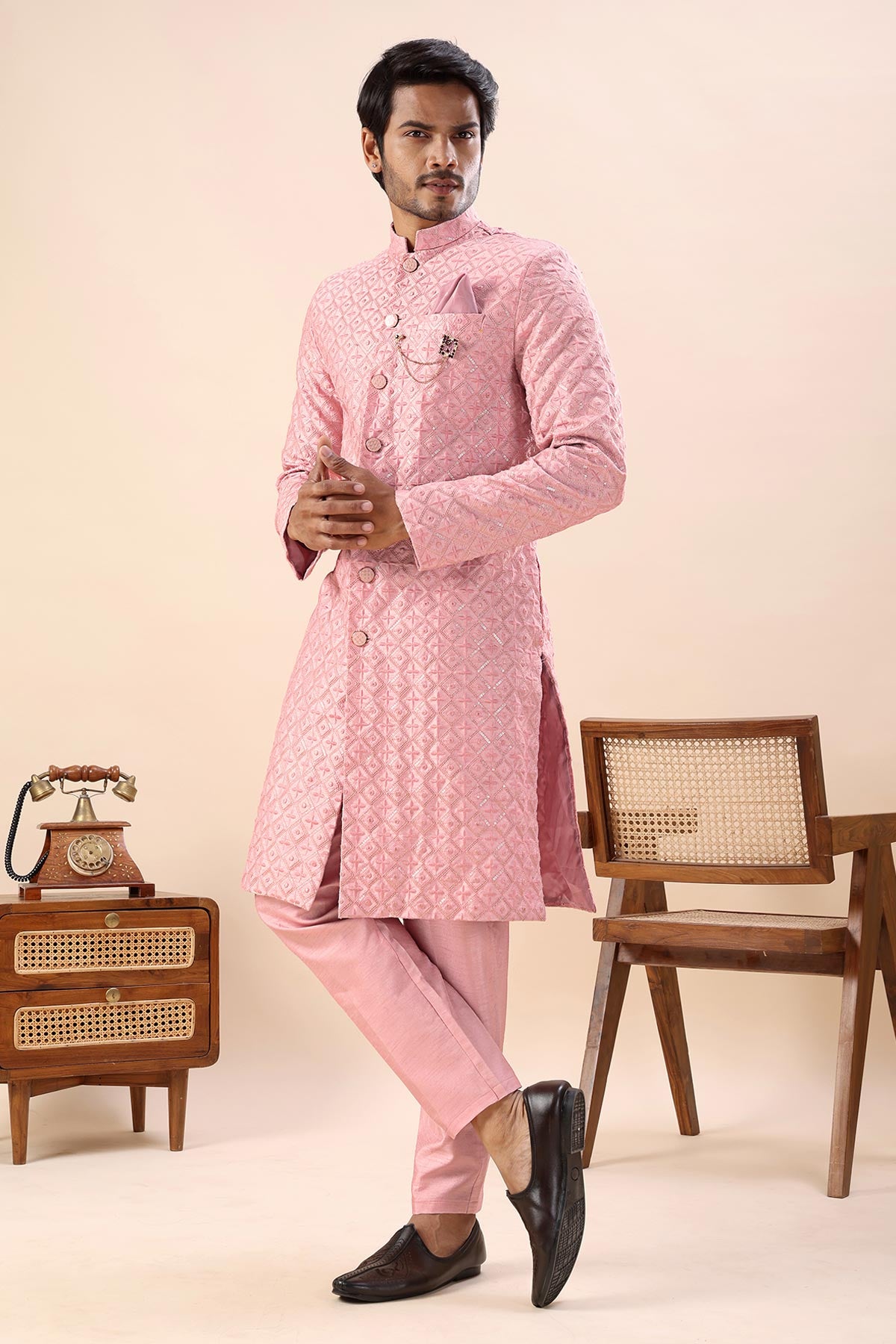 Pink Embroidery Sherwani & Pant