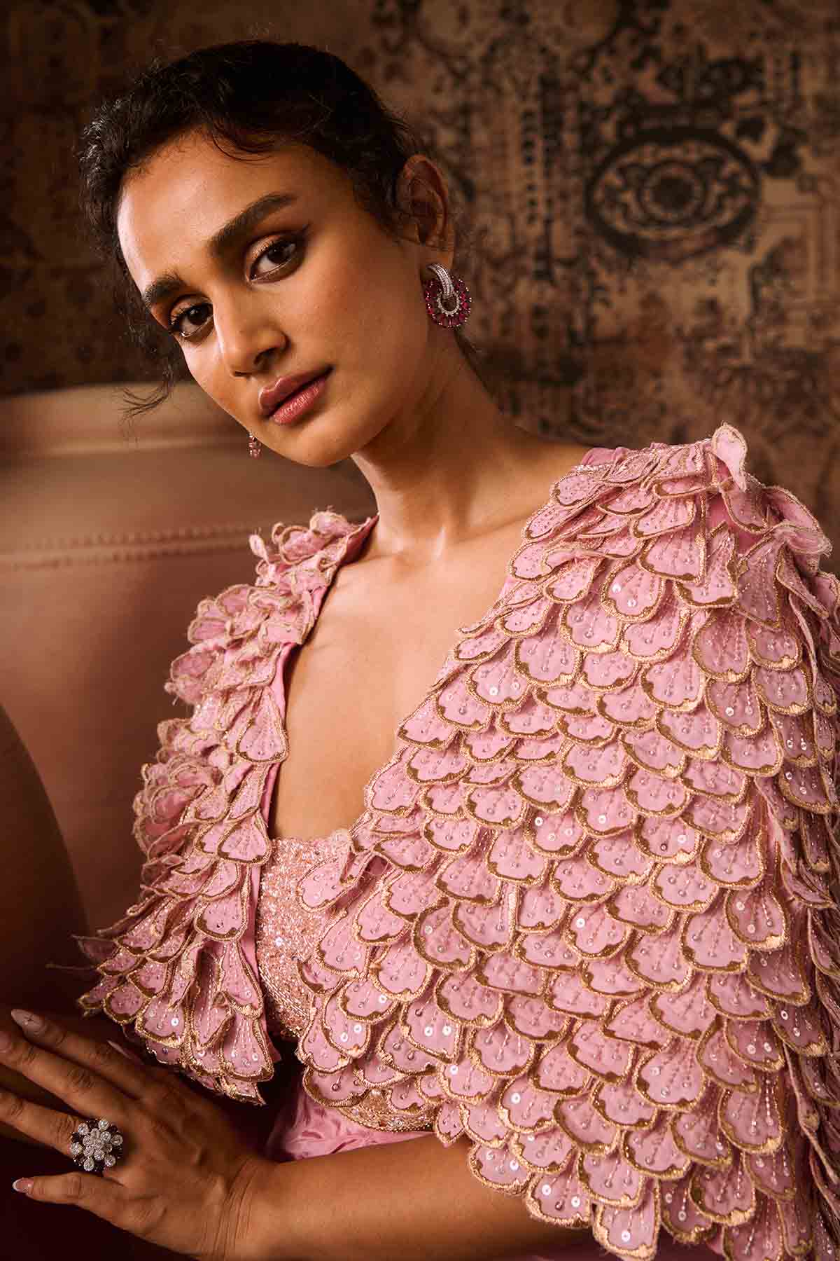 Pink Embroidered Short Cape Set