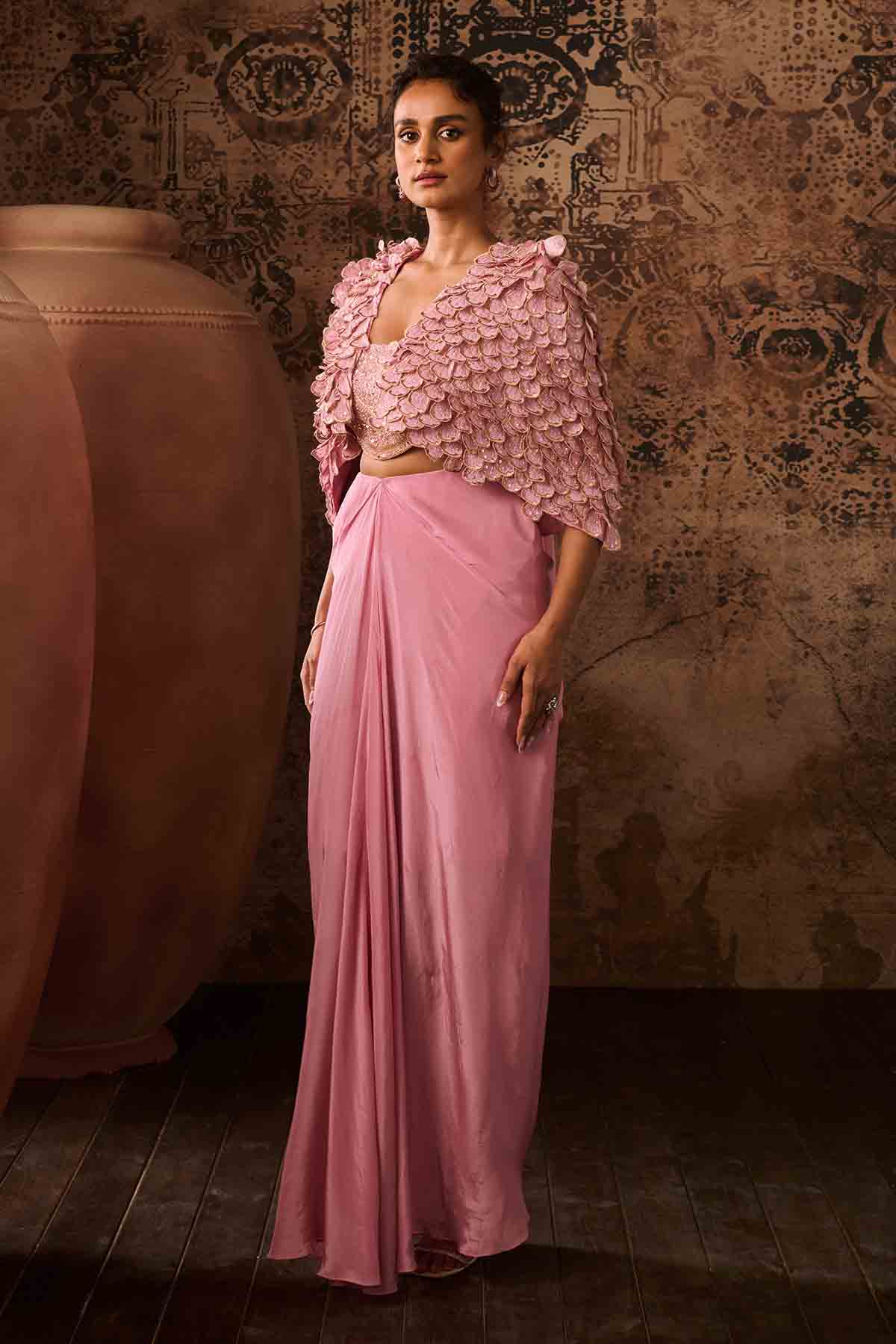 Pink Embroidered Short Cape Set