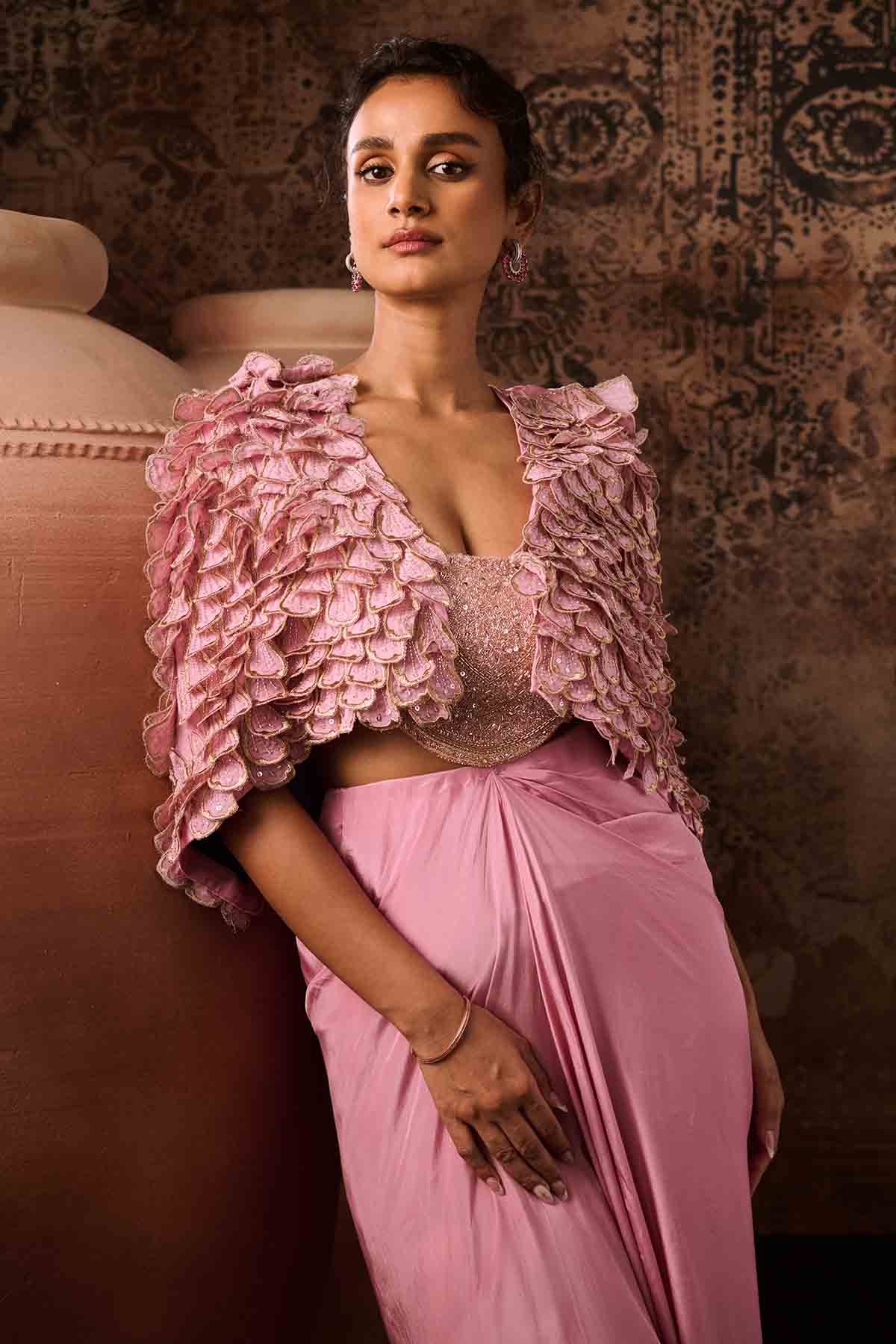 Pink Embroidered Short Cape Set