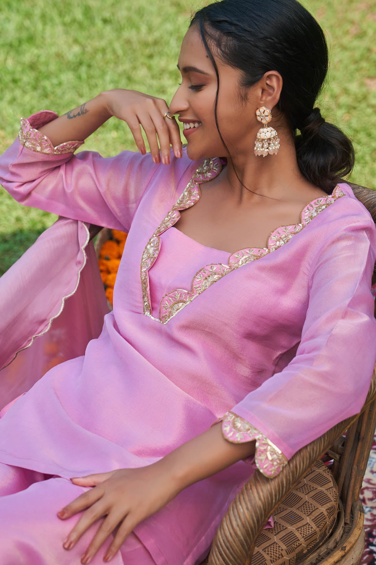 Pink Embroidered Short Kurta Set