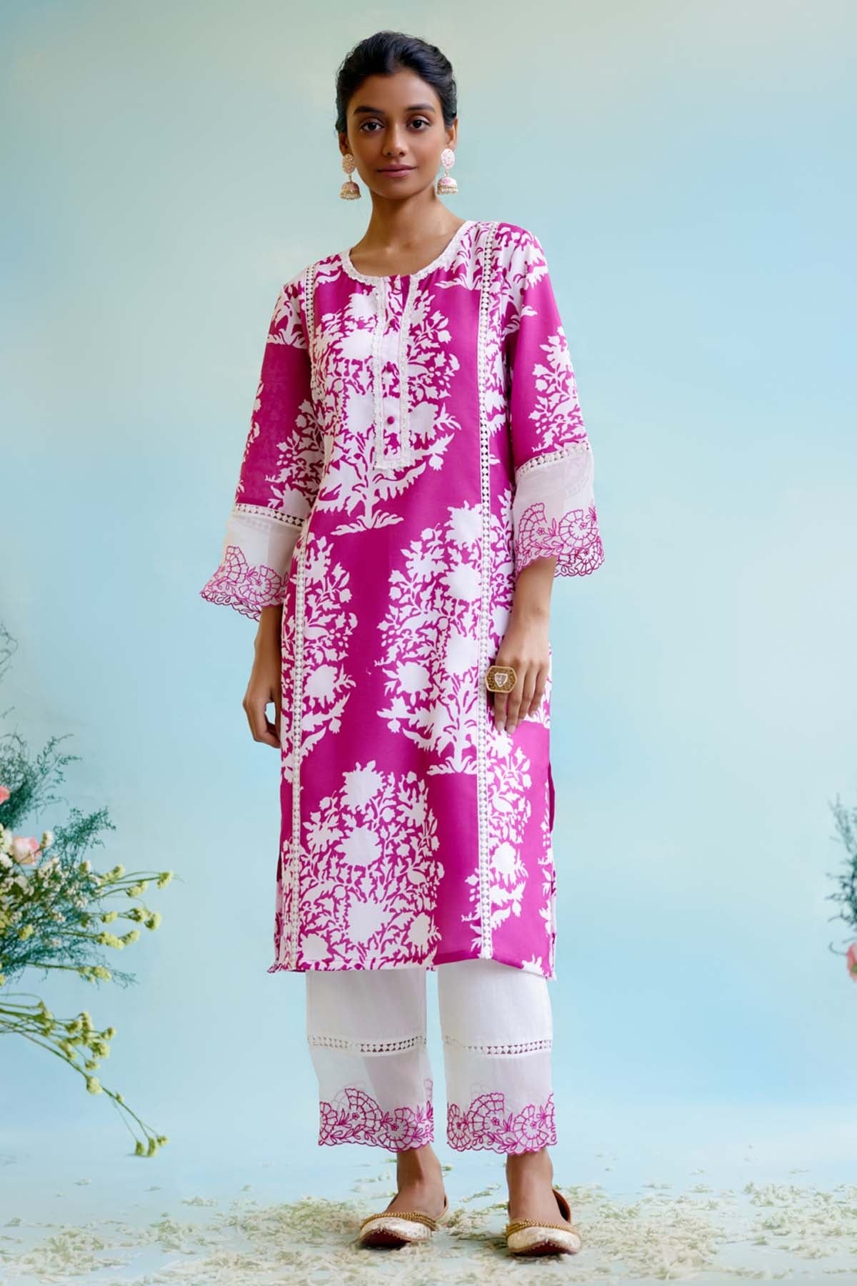 Nero Pink Embroidered Sleeves Kurta for women at ScrollnShops