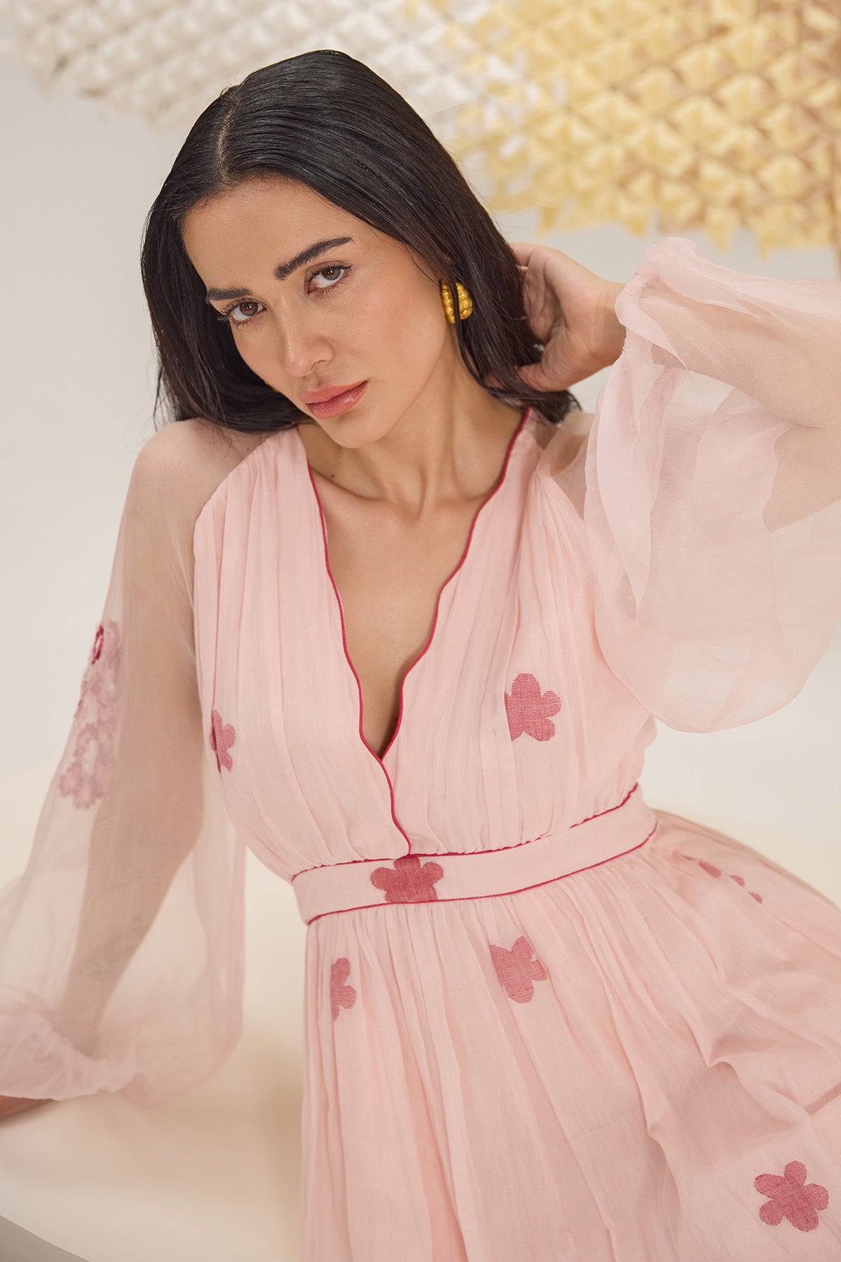 Pink Embroidered V-Neck Dress