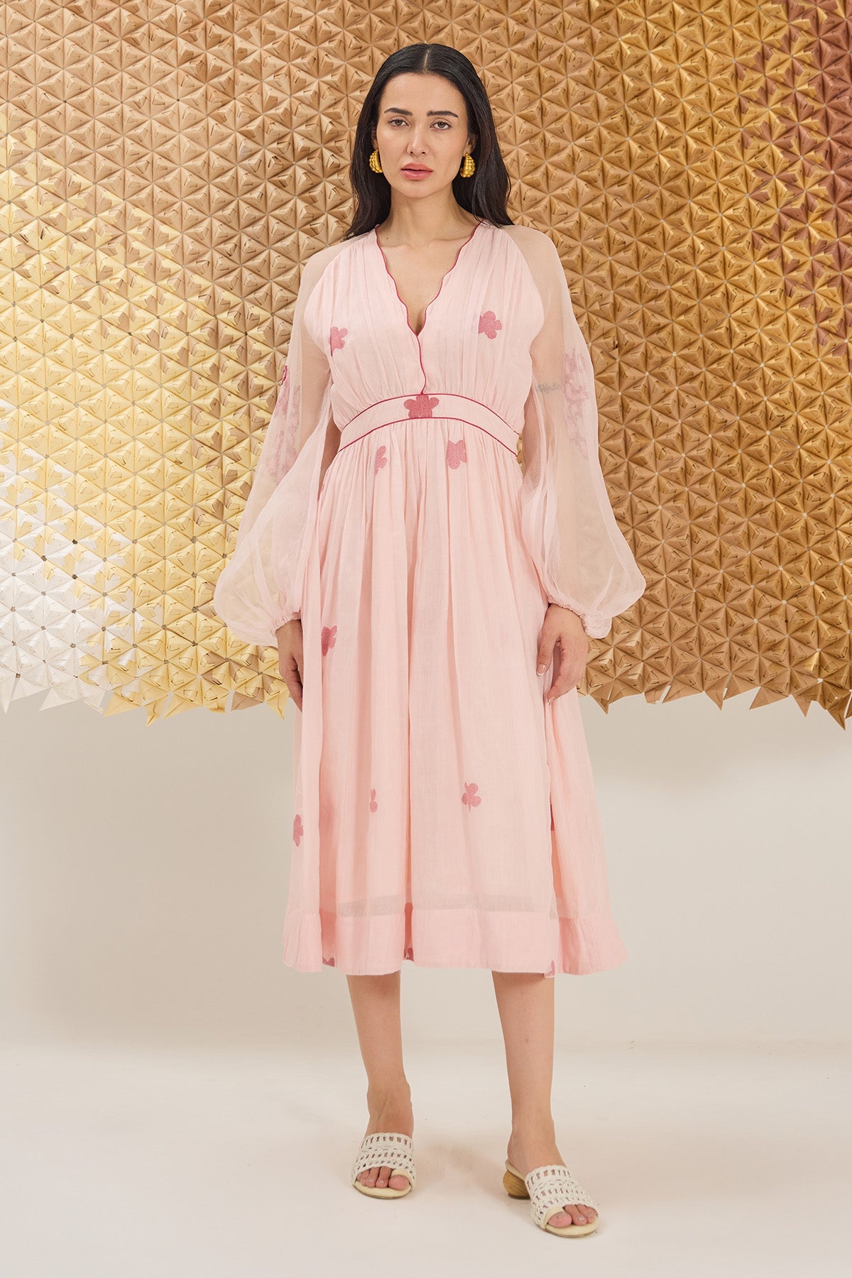 Buy Pink Embroidered V-Neck Dress by The Loom Art for women online at ScrollnShops