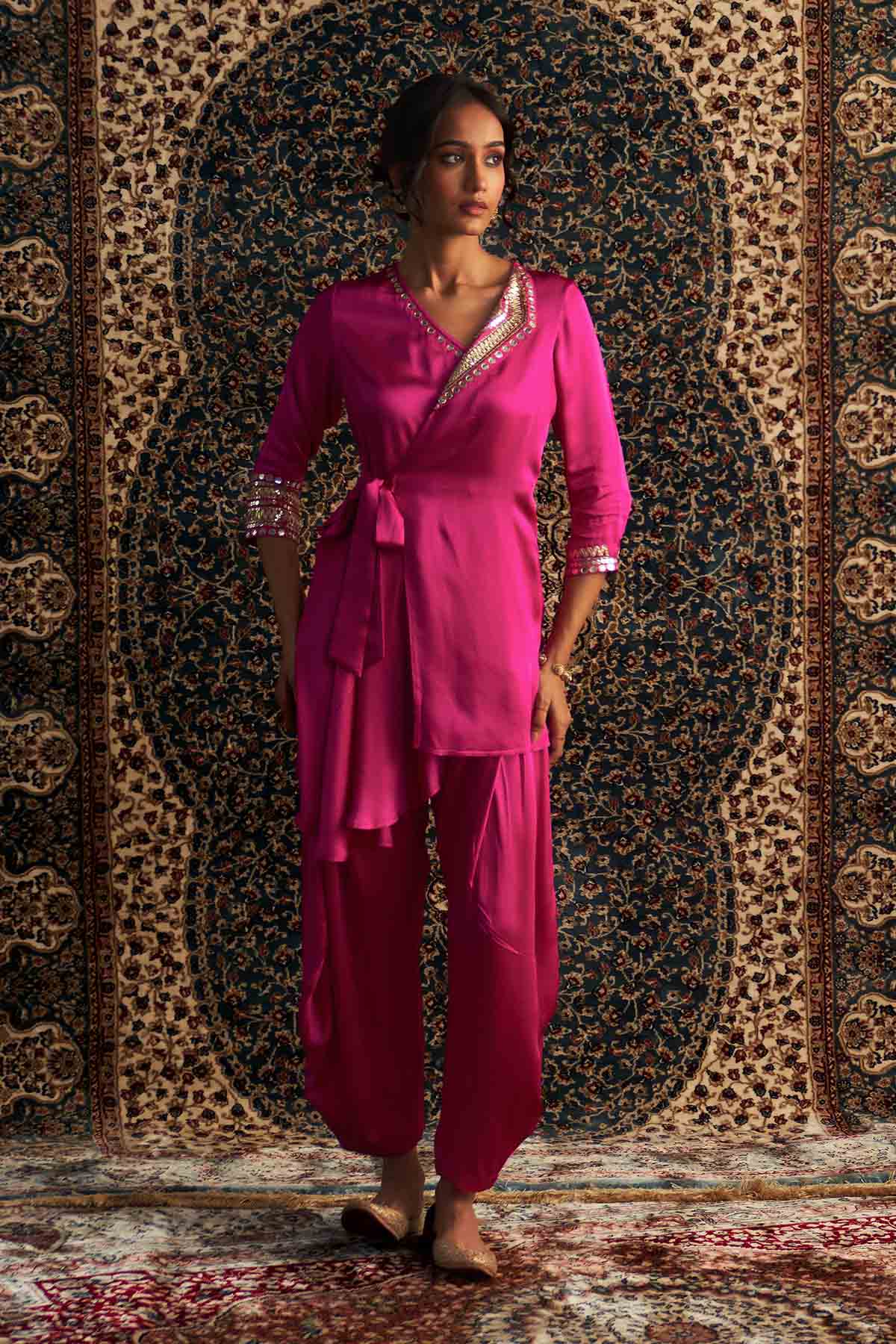 Buy Pink Embroidered Wrap Kurta Set Online