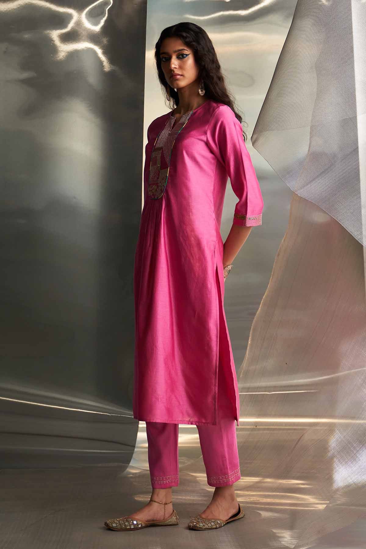 Pink Embroidered Yoke Kurta Set