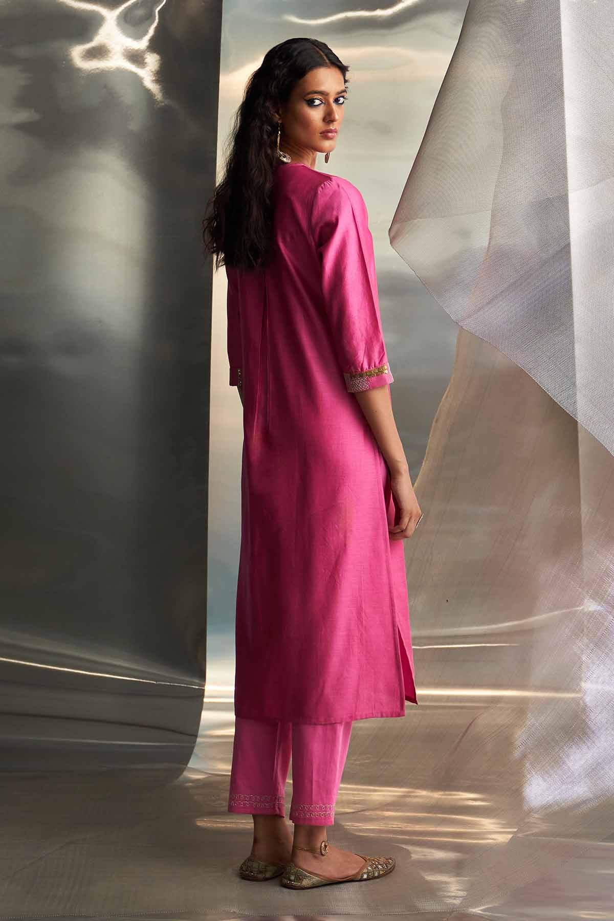 Pink Embroidered Yoke Kurta Set