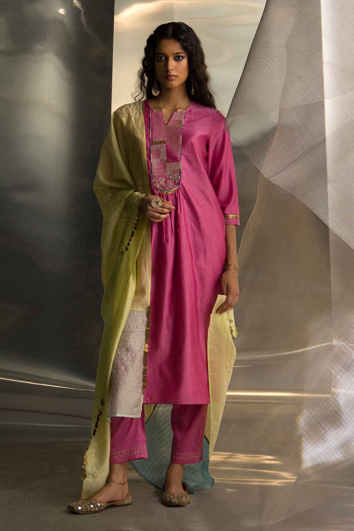 Buy Pink Embroidered Yoke Kurta Set by Charkhee Misr for women online at ScrollnShops