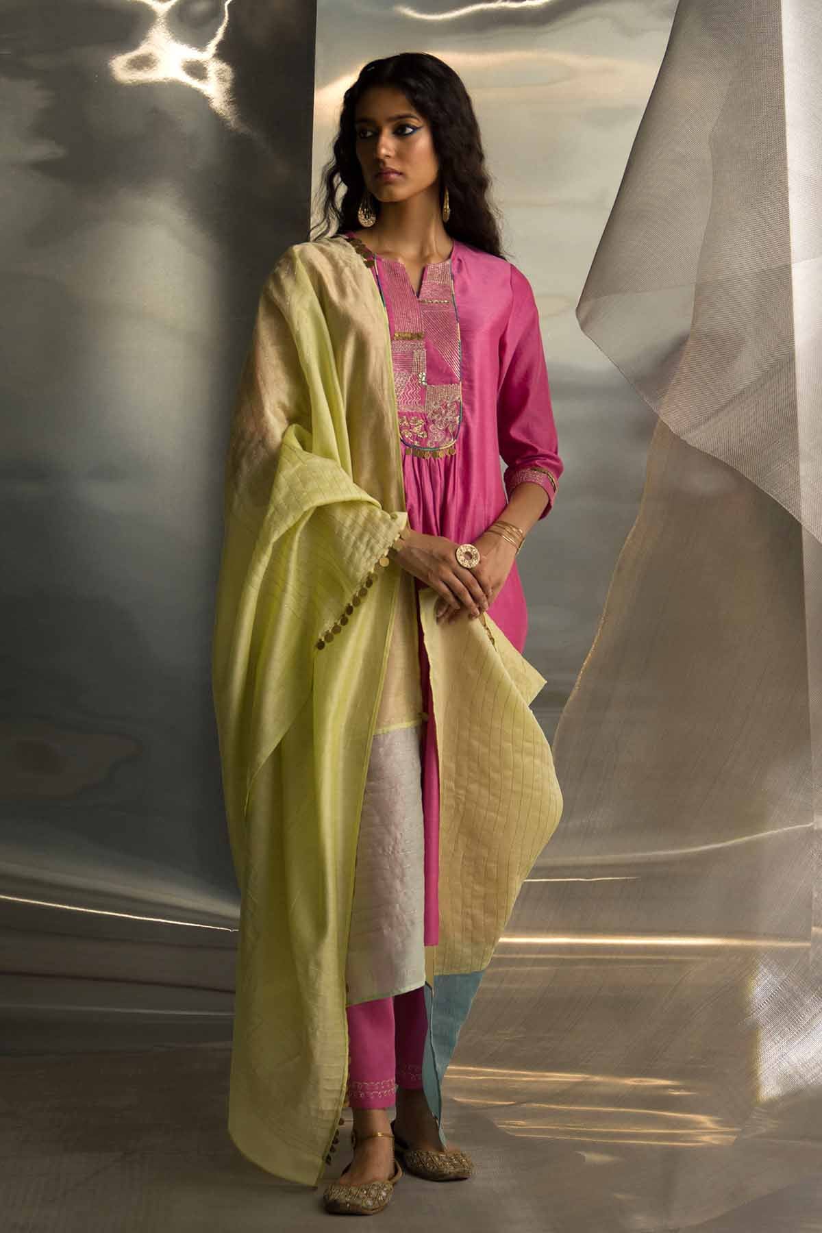 Pink Embroidered Yoke Kurta Set