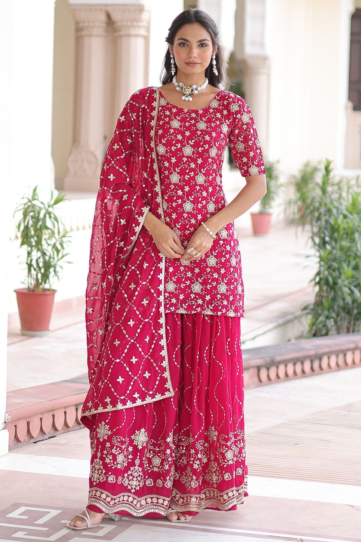 Buy Pink Faux Georgette Kurta Set for women by Aastha Fashion online available at scrollnshops
