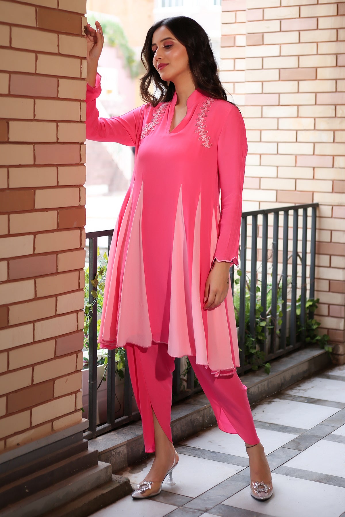 Pink Flared Collar Kurta Set