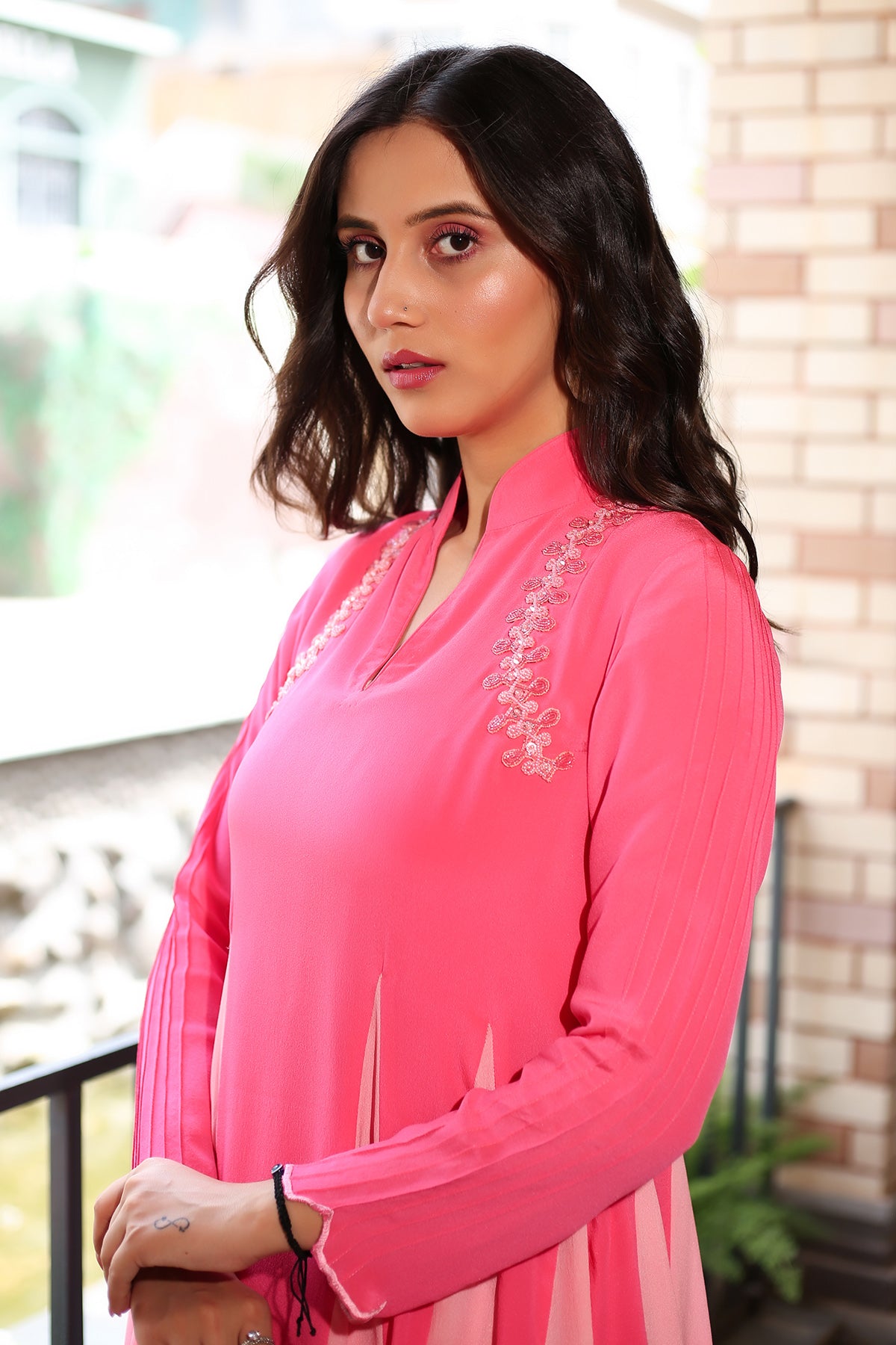 Pink Flared Collar Kurta Set