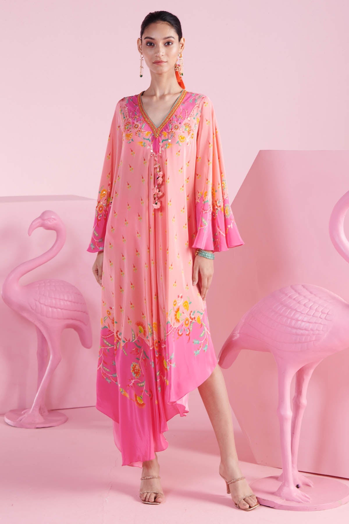 Buy Pink Floral Asymmetrical Dress by Mandira Wirk